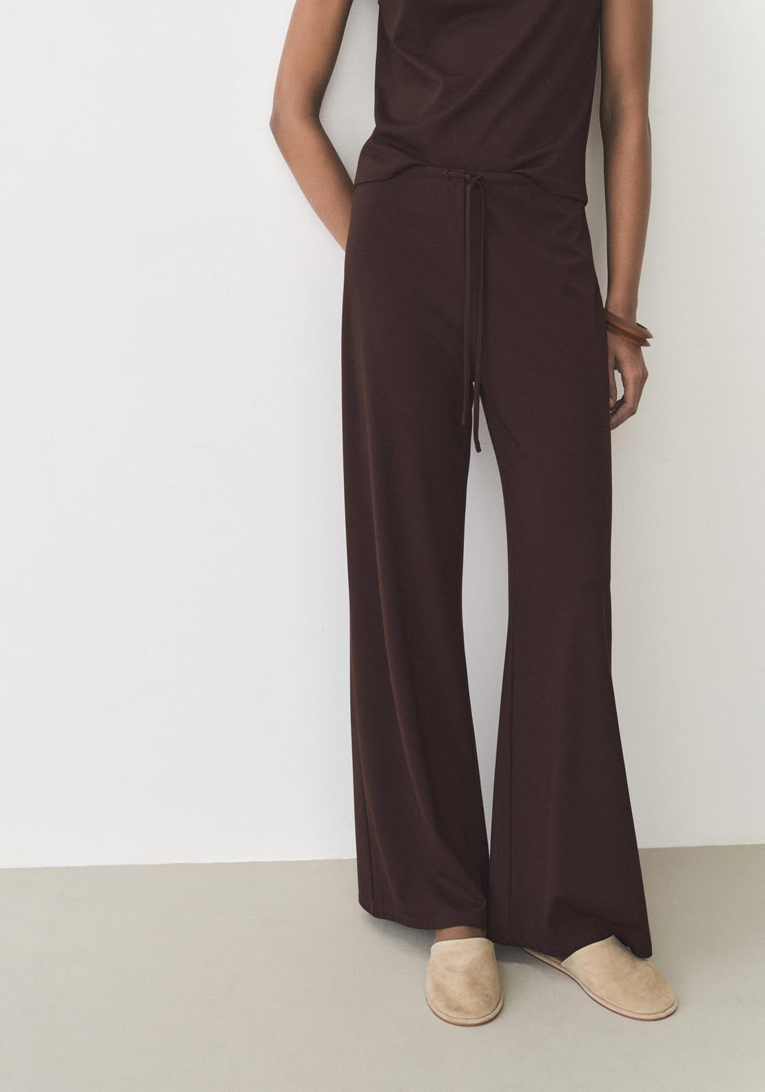 Mango Wide Leg Trousers With Elastic Waist - Dark Brown 1 Shaws Department Stores