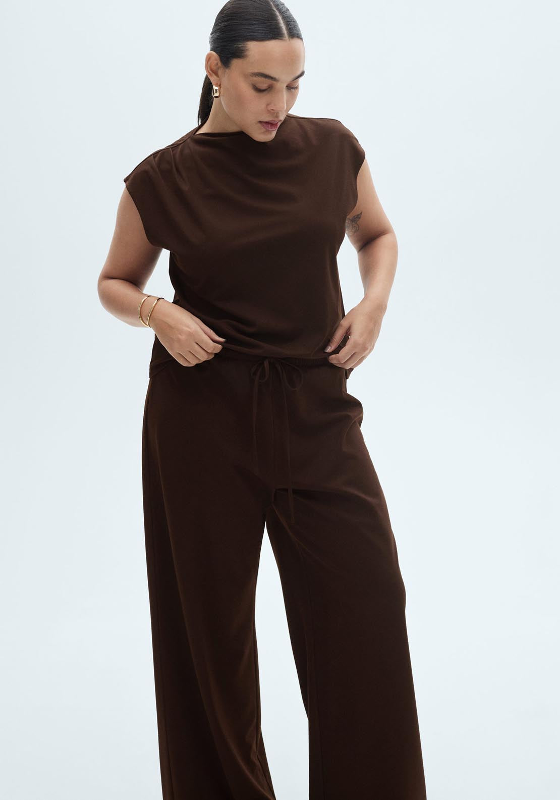 Mango Wide Leg Trousers With Elastic Waist - Dark Brown 5 Shaws Department Stores