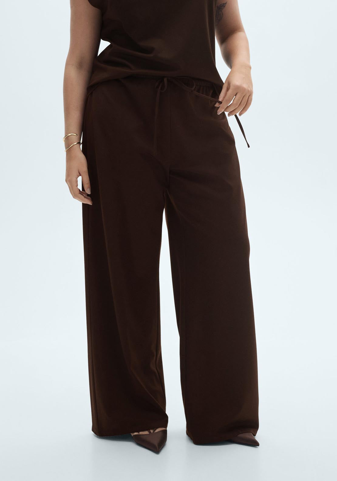 Mango Wide Leg Trousers With Elastic Waist - Dark Brown 6 Shaws Department Stores