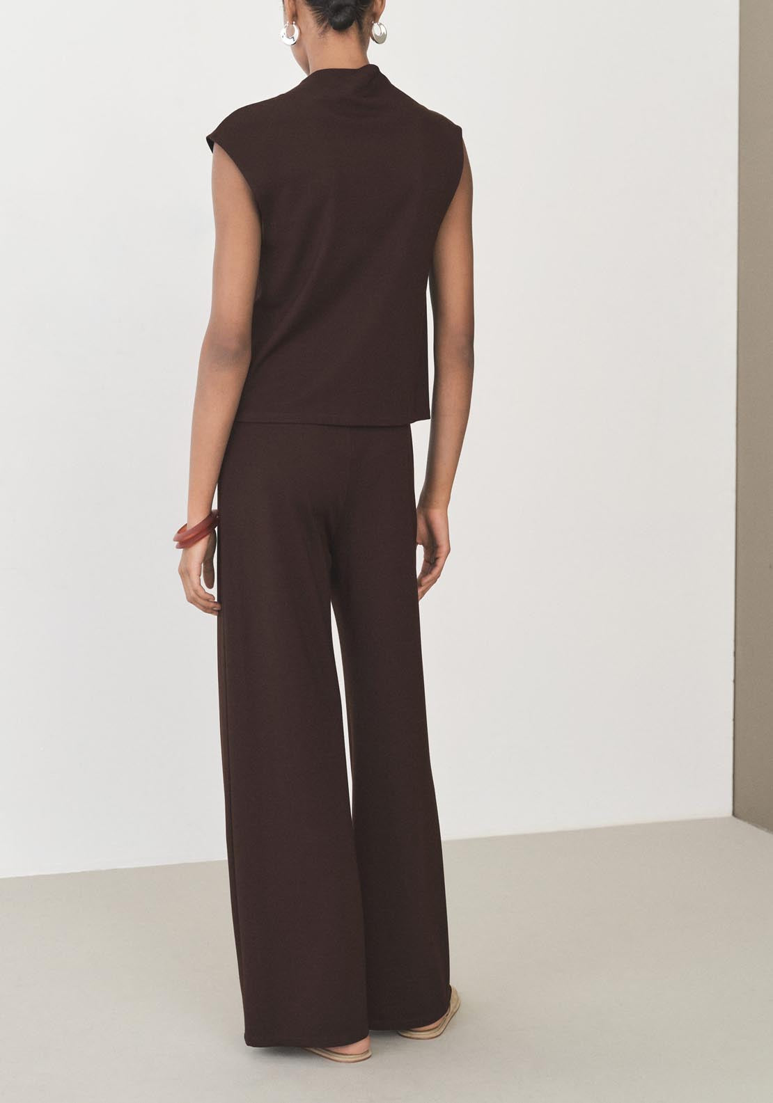 Mango Wide Leg Trousers With Elastic Waist - Dark Brown 2 Shaws Department Stores