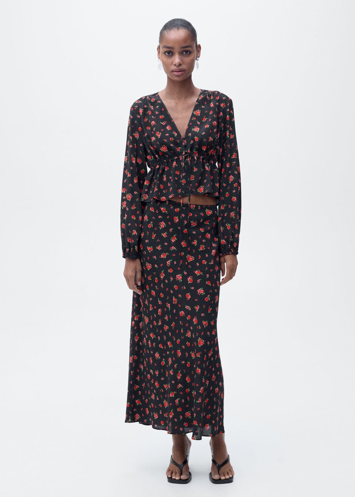 Mango Long floral flared skirt - Black 2 Shaws Department Stores