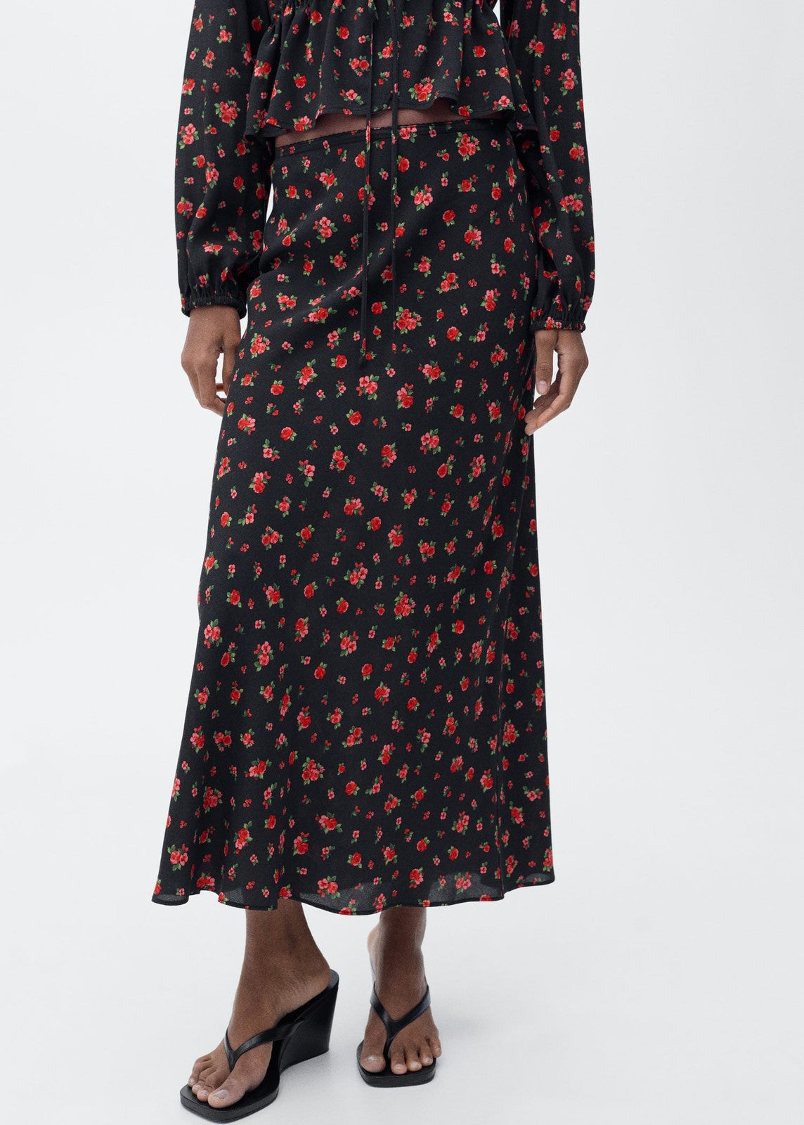 Mango Long floral flared skirt - Black 1 Shaws Department Stores