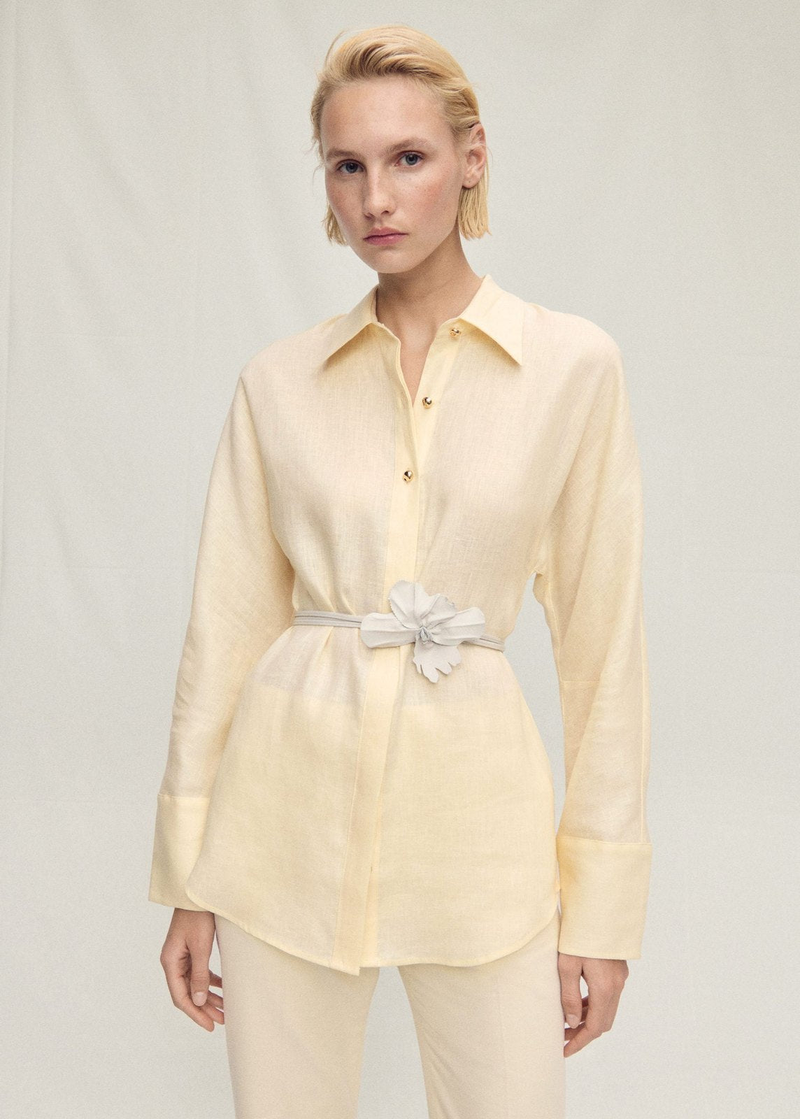 Mango Linen shirt with button detail - Light/pastel Yellow 1 Shaws Department Stores