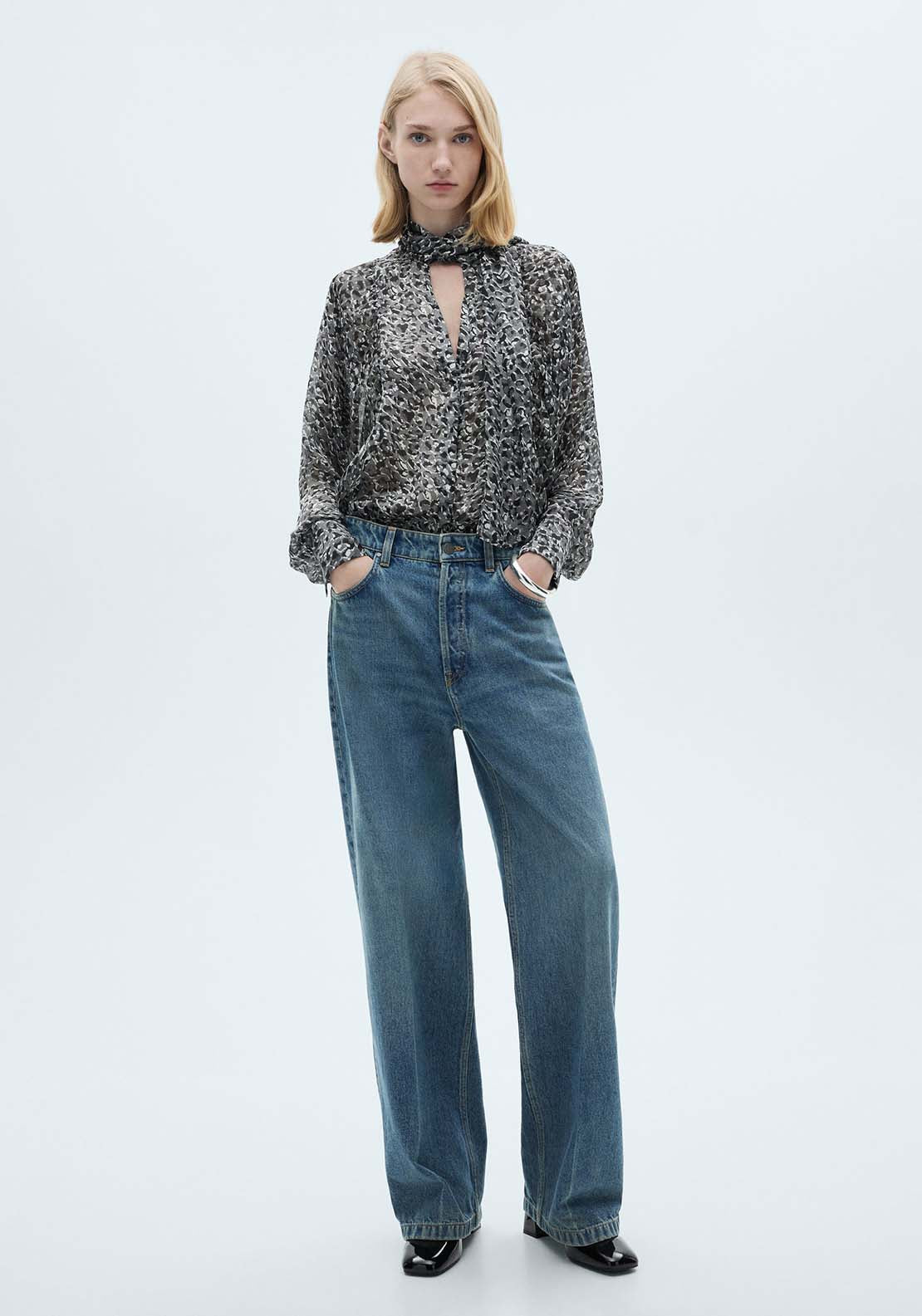 Mango Leopard-print blouse with collar and bow - Black 2 Shaws Department Stores