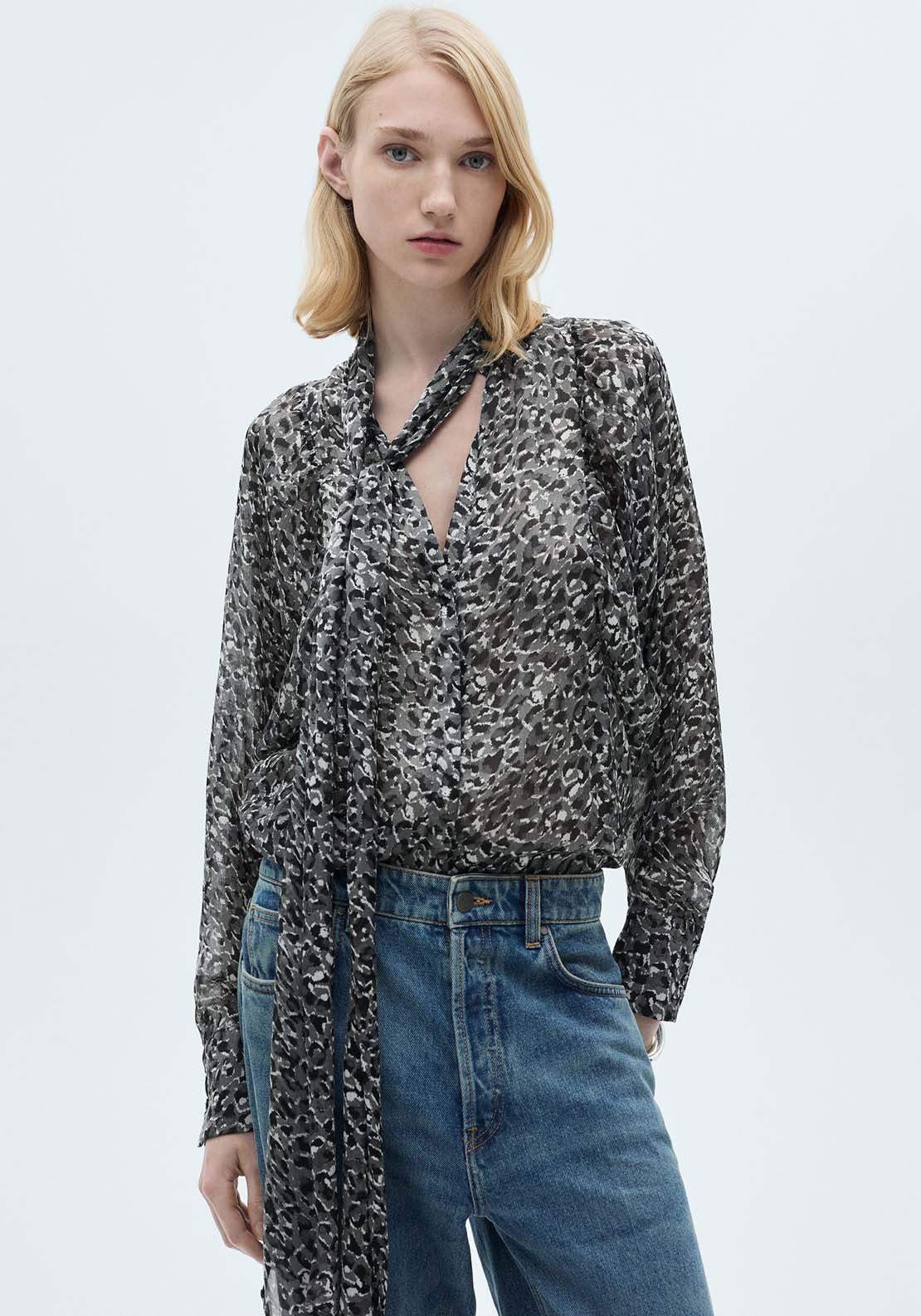 Mango Leopard-print blouse with collar and bow - Black 1 Shaws Department Stores