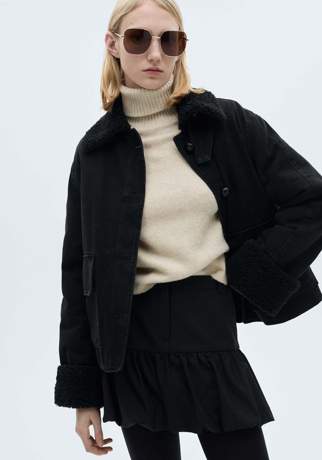 Mango Double-face shearling jacket - Open Gray 1 Shaws Department Stores