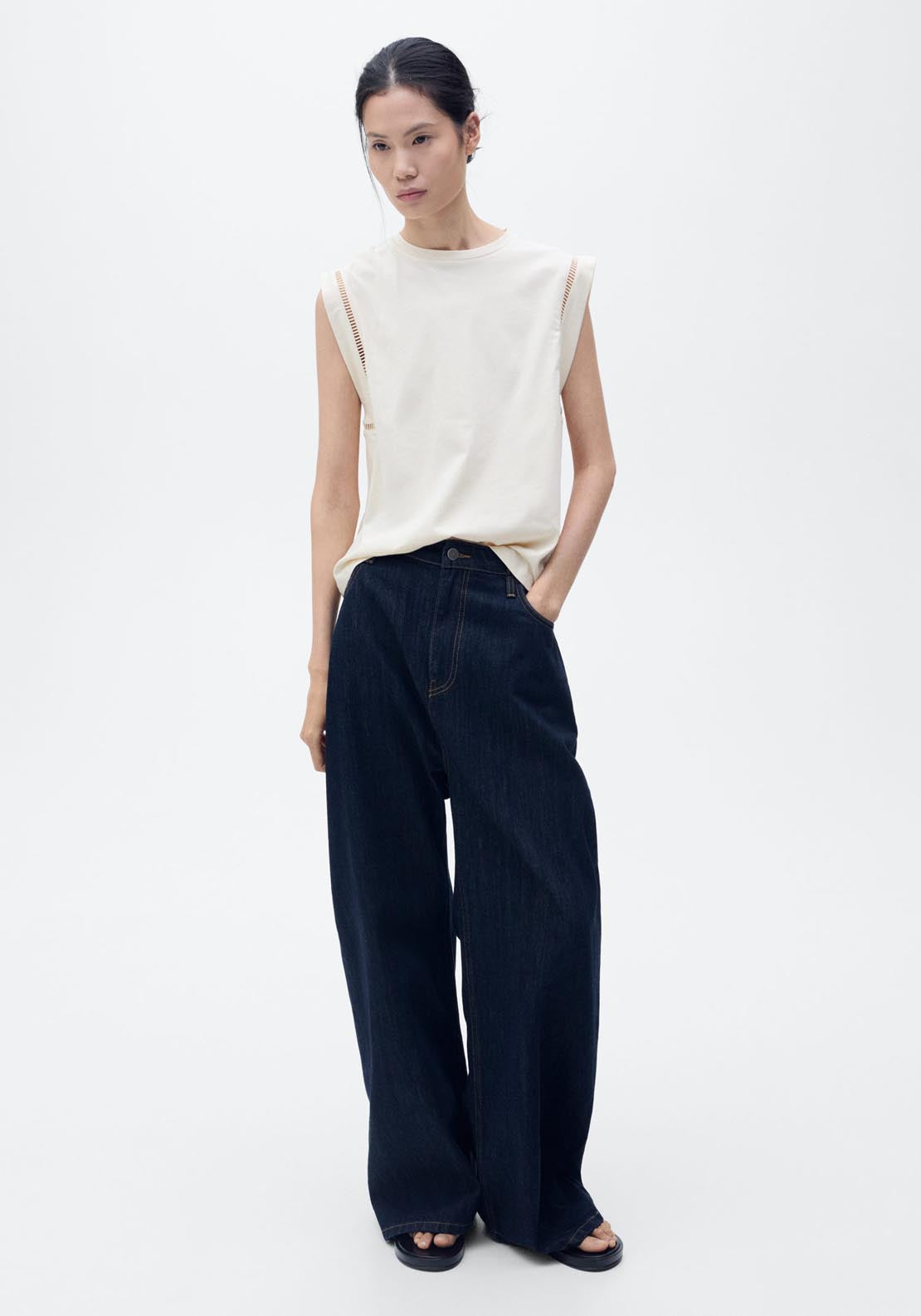Mango Cotton T-Shirt With Openwork Trim - Light Beige 3 Shaws Department Stores