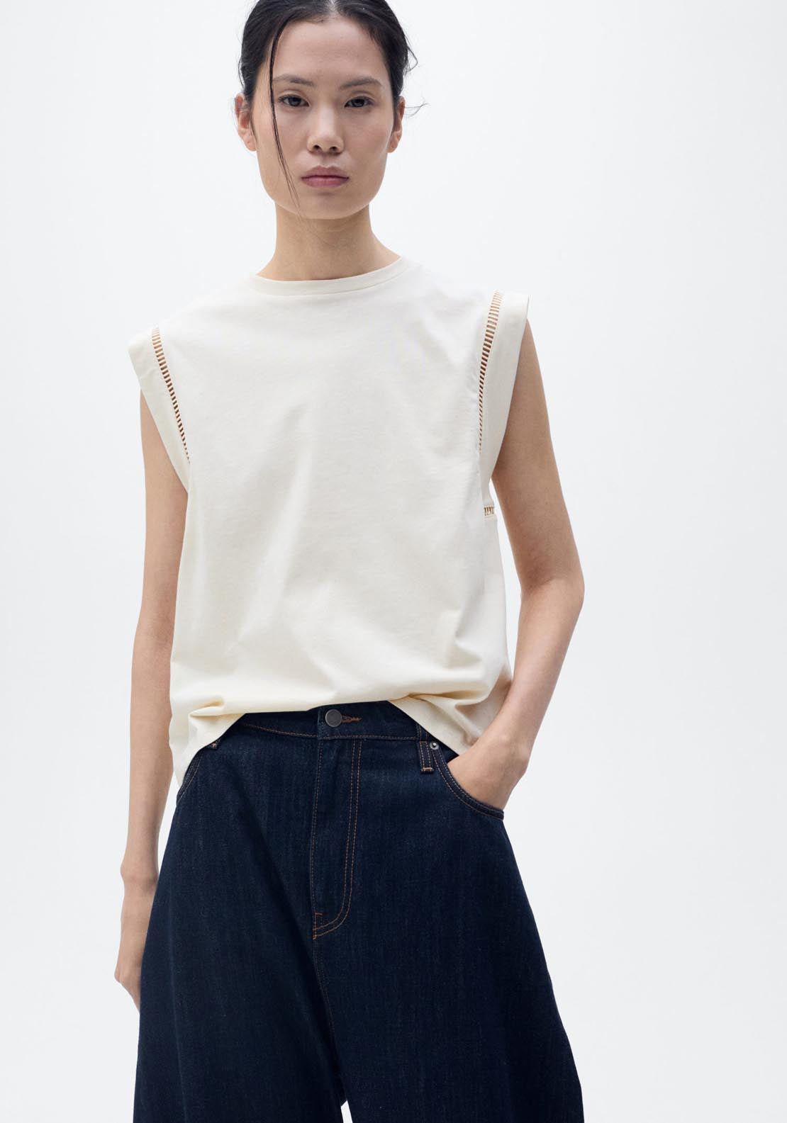 Mango Cotton T-Shirt With Openwork Trim - Light Beige 1 Shaws Department Stores