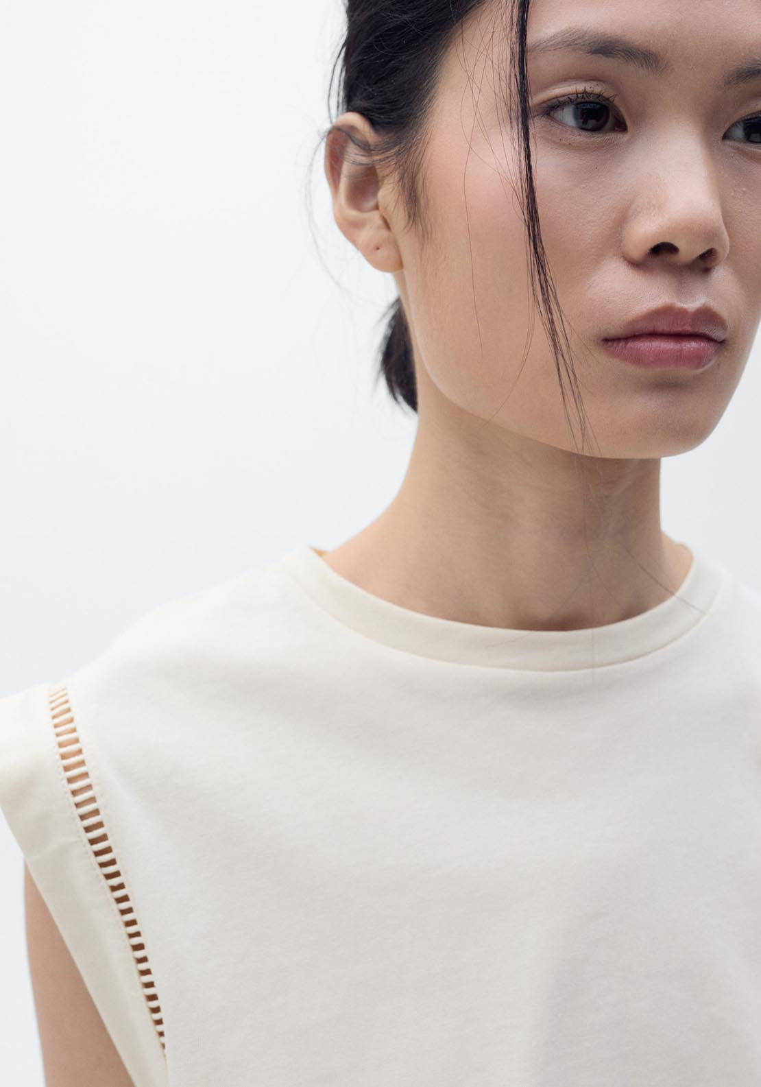 Mango Cotton T-Shirt With Openwork Trim - Light Beige 4 Shaws Department Stores