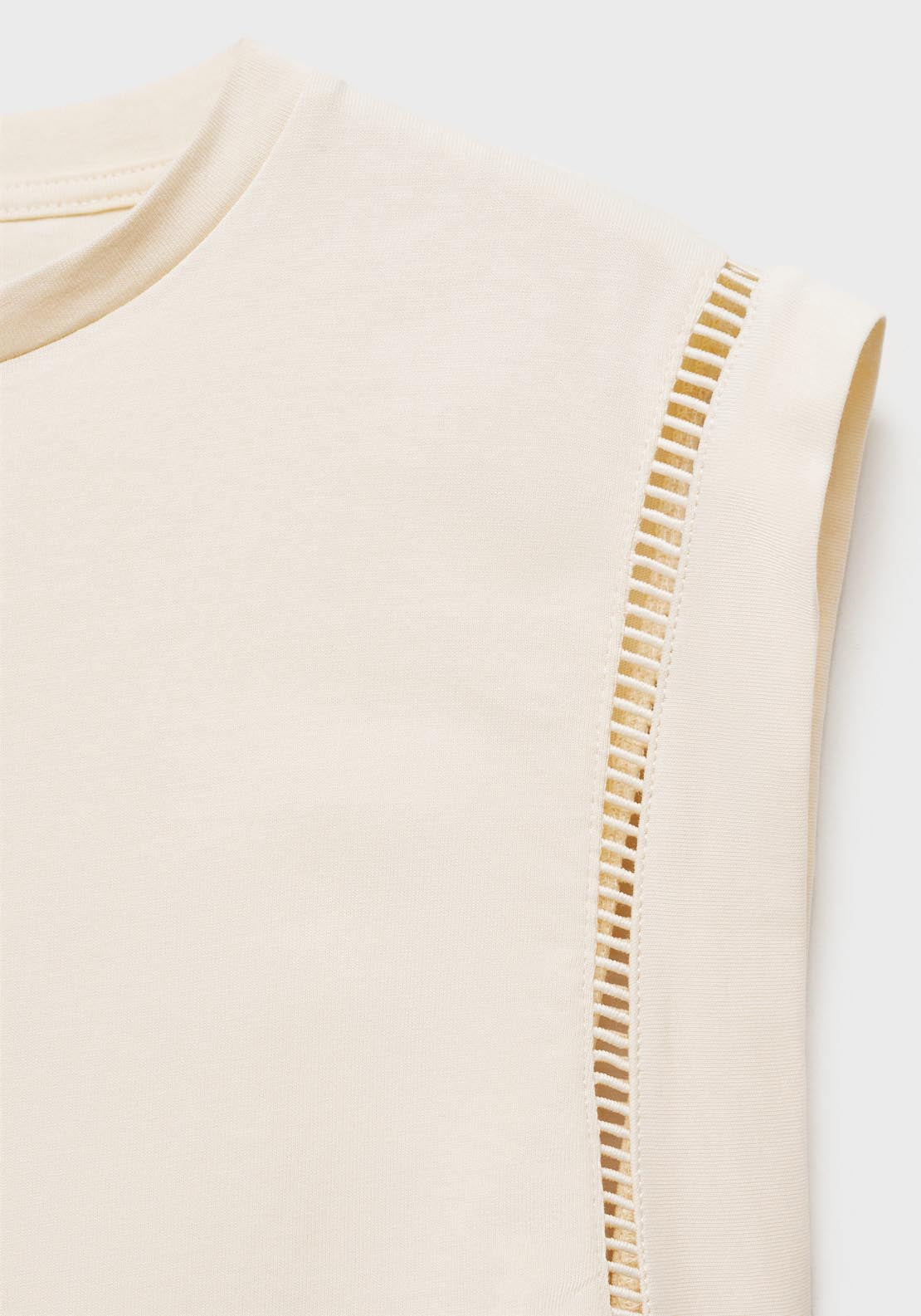 Mango Cotton T-Shirt With Openwork Trim - Light Beige 6 Shaws Department Stores