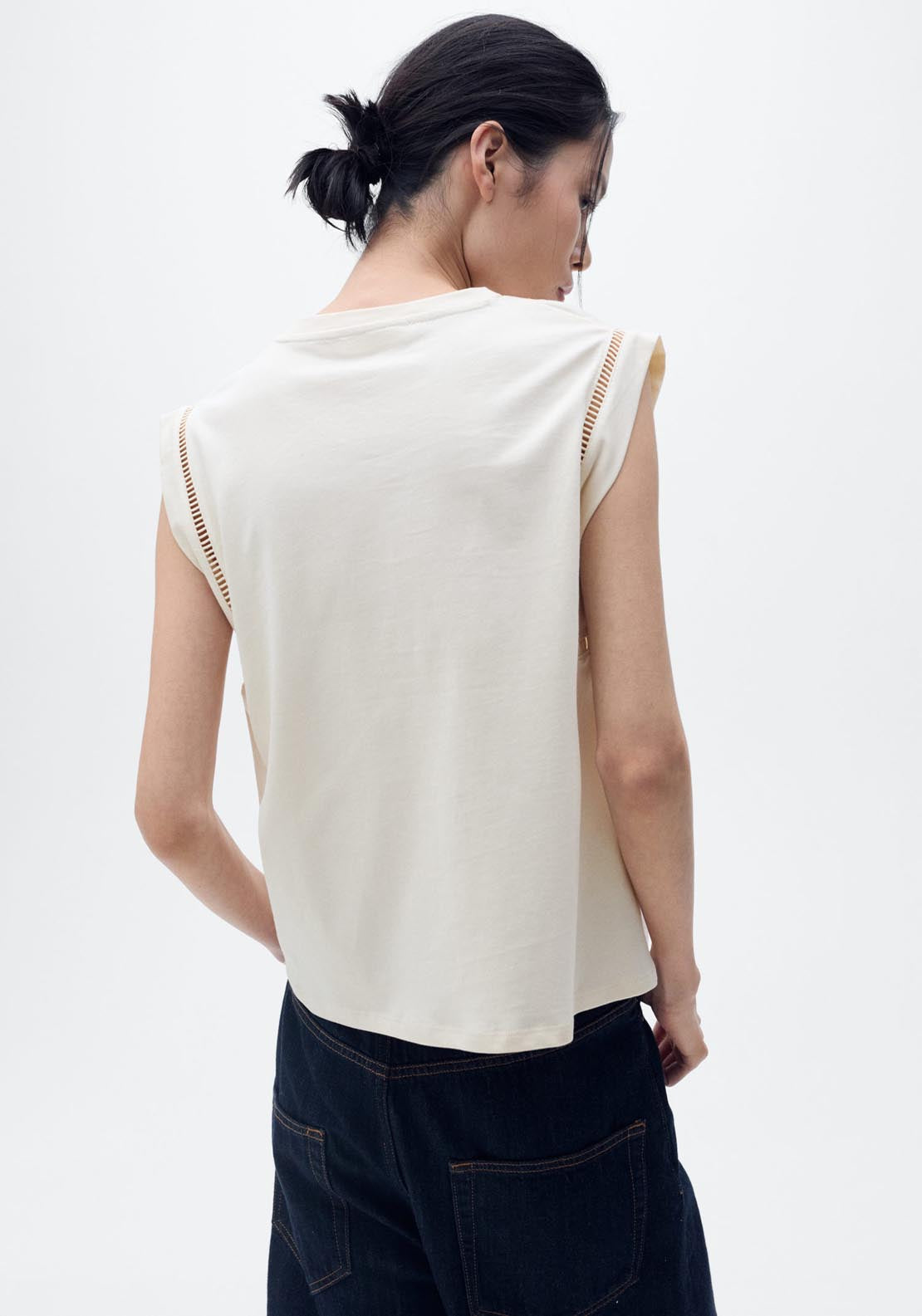Mango Cotton T-Shirt With Openwork Trim - Light Beige 2 Shaws Department Stores