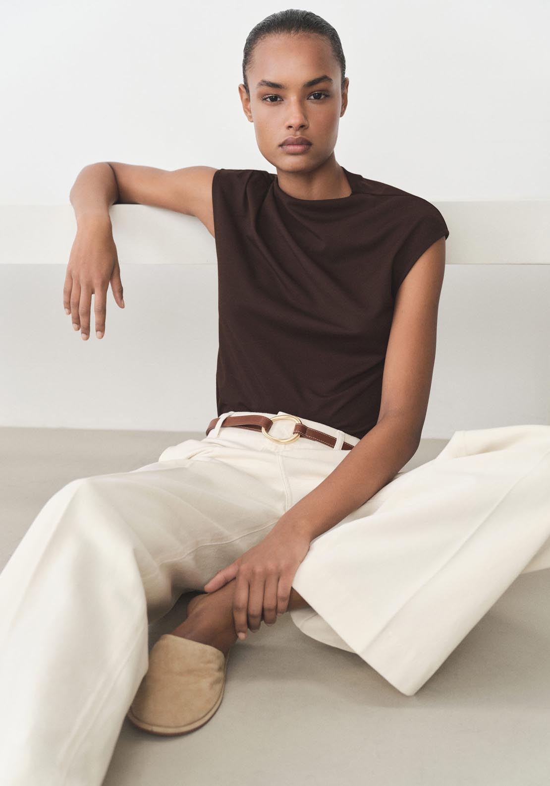Mango T-Shirt With Gathered Asymmetrical Neck - Dark Brown 4 Shaws Department Stores