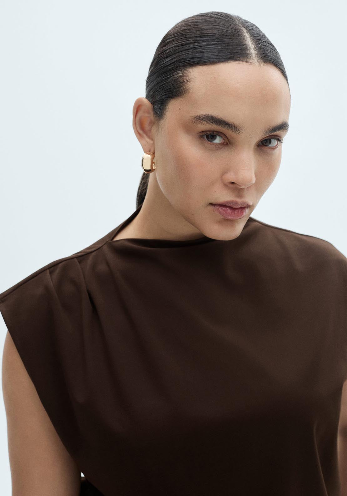 Mango T-Shirt With Gathered Asymmetrical Neck - Dark Brown 6 Shaws Department Stores