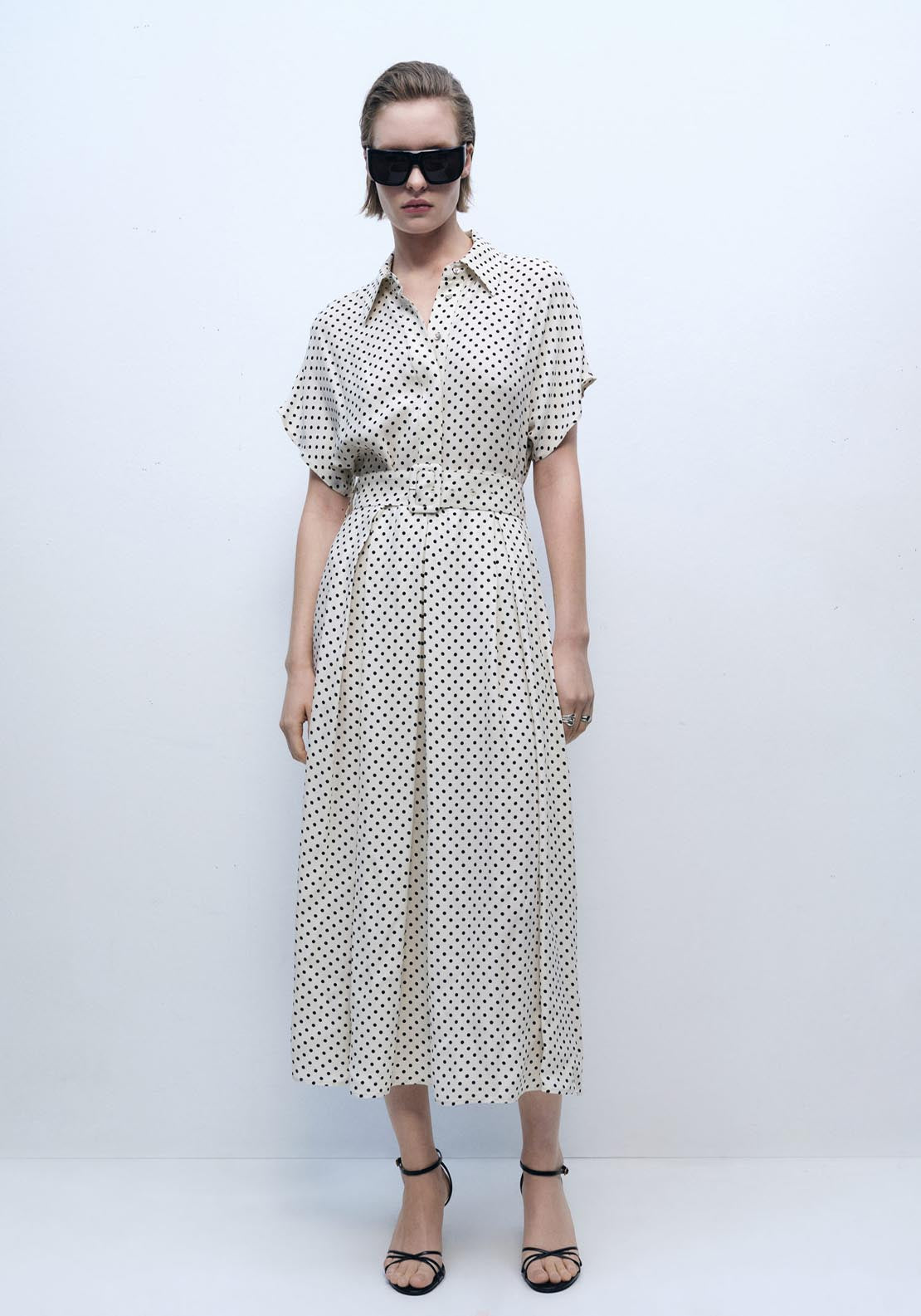 Mango Polka Dot Dress With Belt - Beige 1 Shaws Department Stores