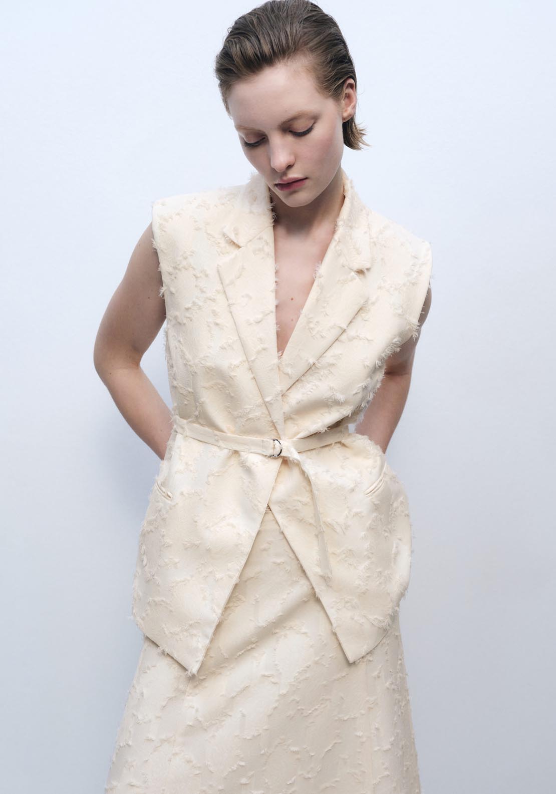 Mango Textured Waistcoat With Belt - Beige 1 Shaws Department Stores