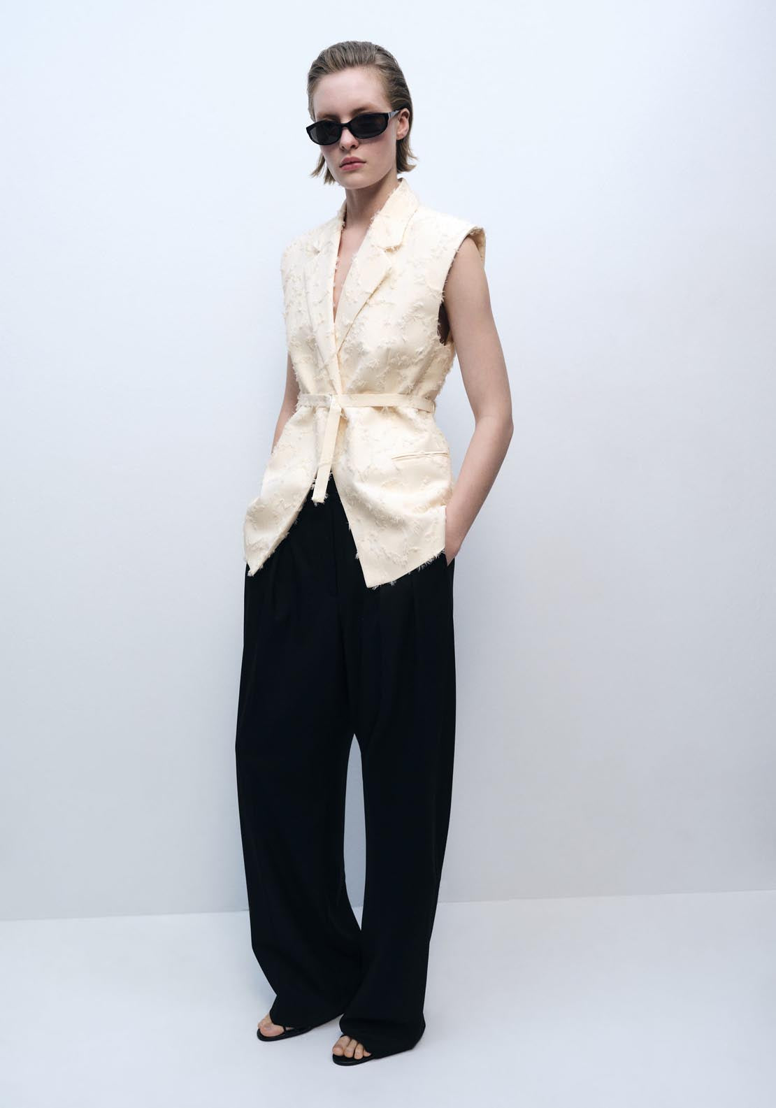 Mango Textured Waistcoat With Belt - Beige 5 Shaws Department Stores