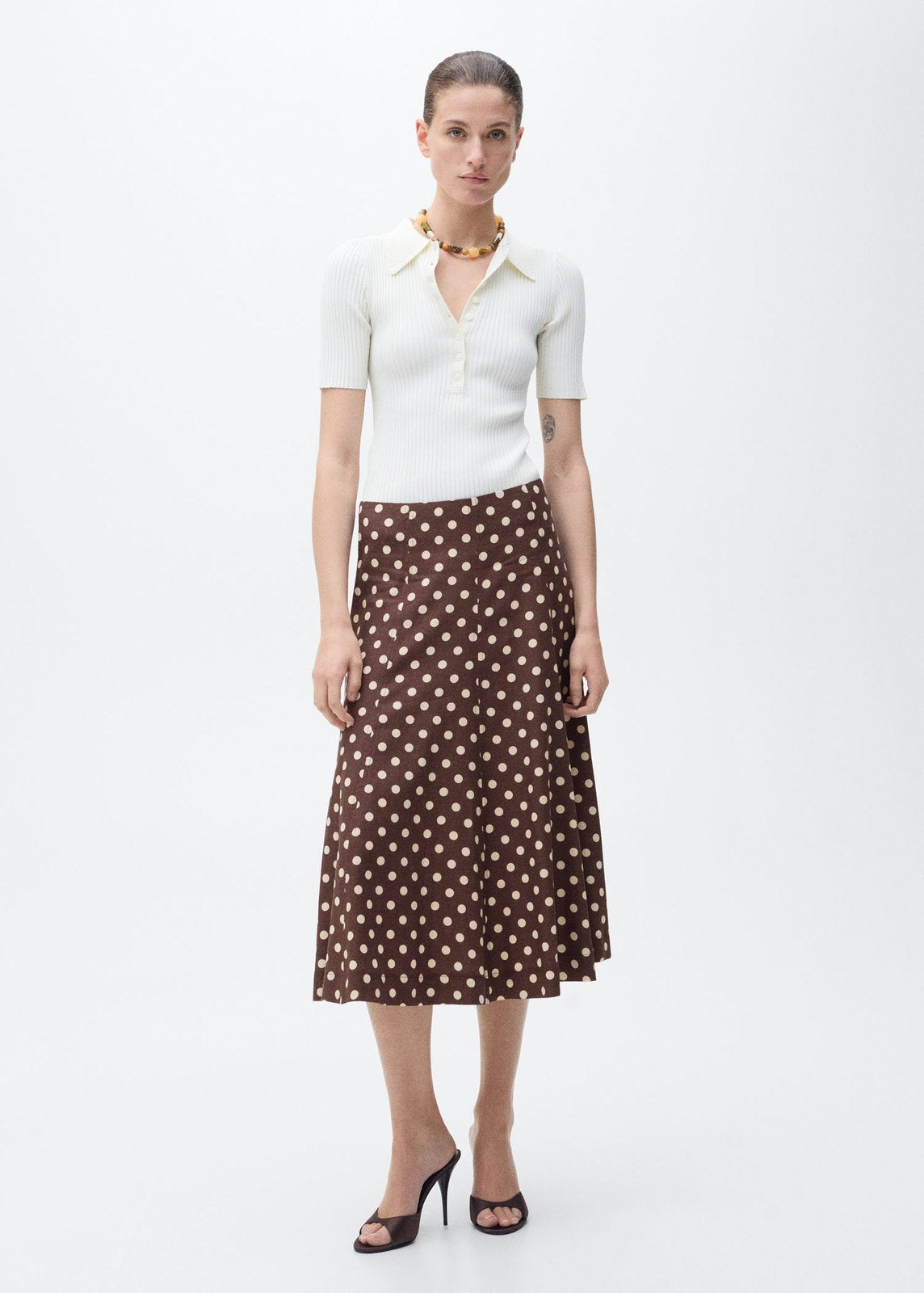 Mango Flared linen skirt with polka dots - Dark Brown 2 Shaws Department Stores
