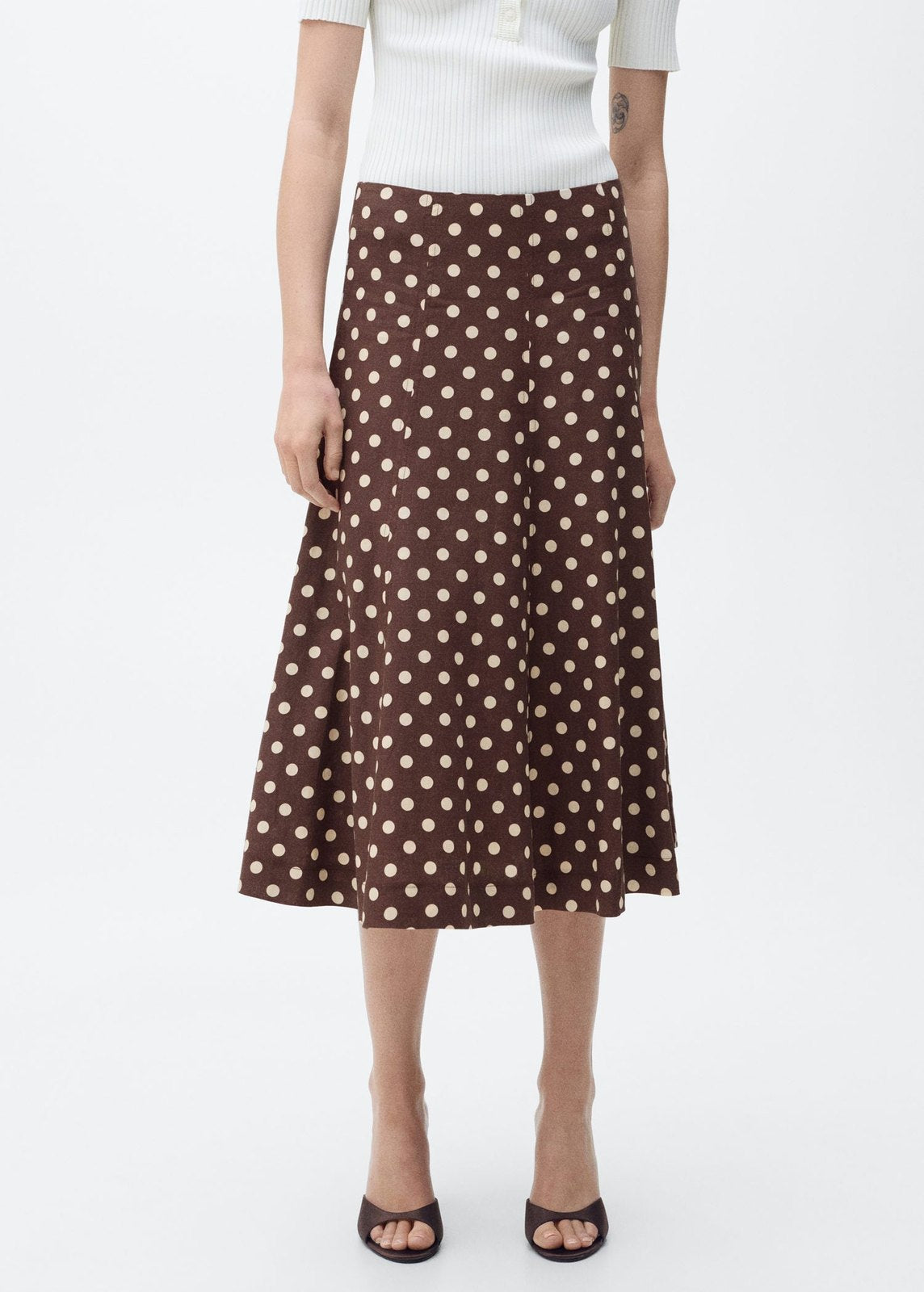Mango Flared linen skirt with polka dots - Dark Brown 1 Shaws Department Stores