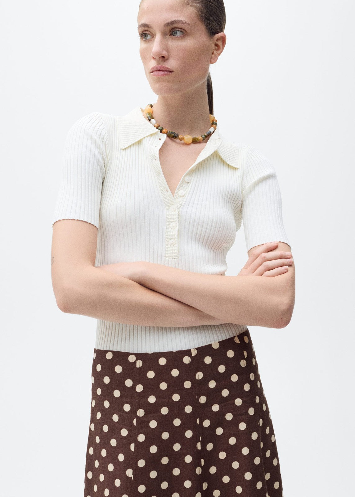 Mango Flared linen skirt with polka dots - Dark Brown 4 Shaws Department Stores