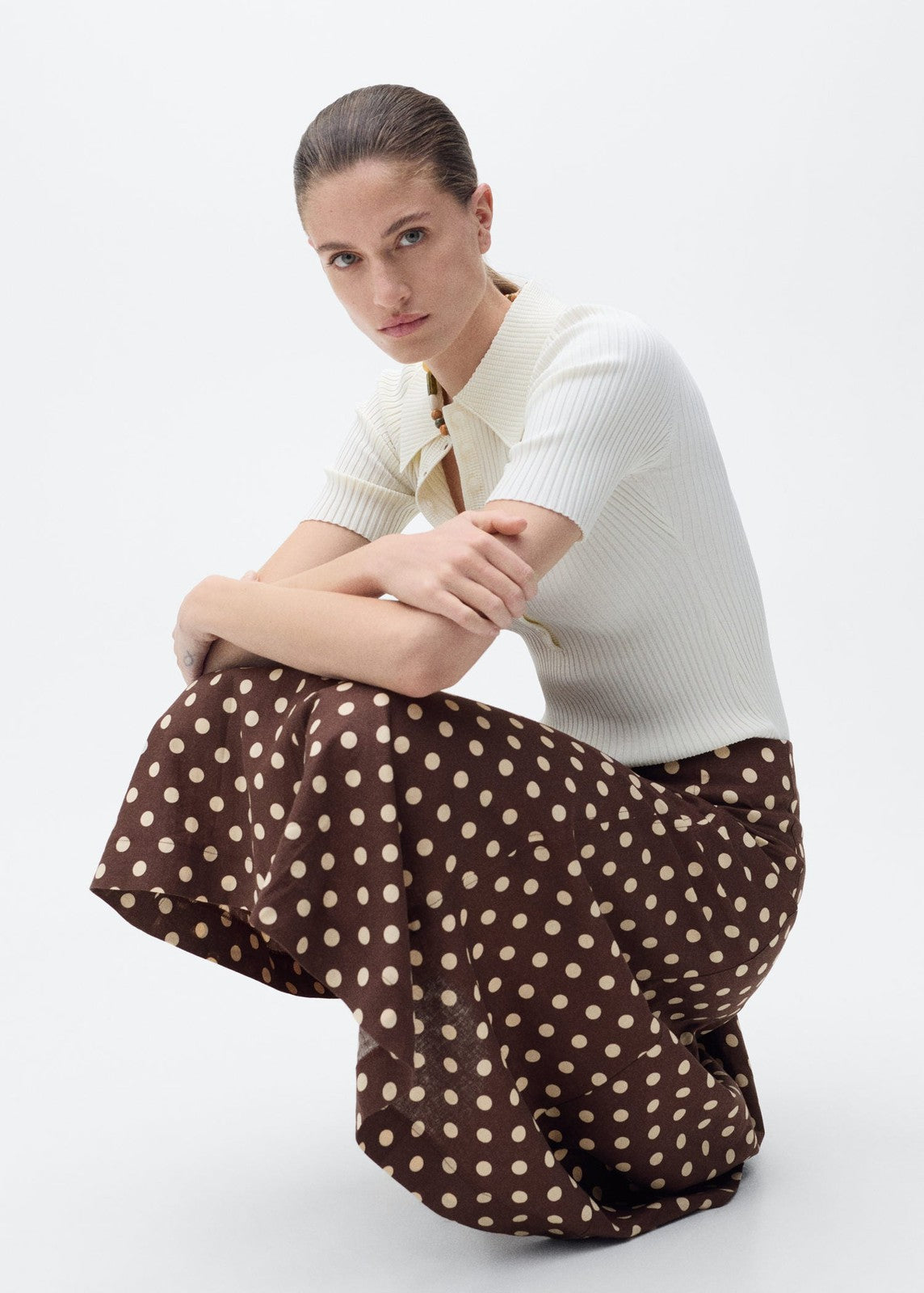 Mango Flared linen skirt with polka dots - Dark Brown 5 Shaws Department Stores