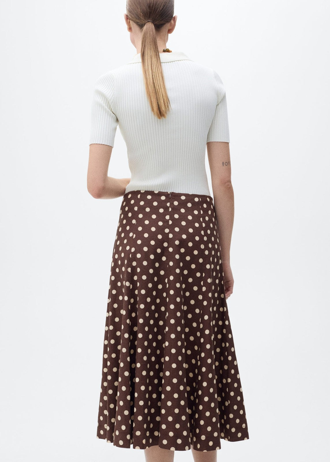 Mango Flared linen skirt with polka dots - Dark Brown 3 Shaws Department Stores