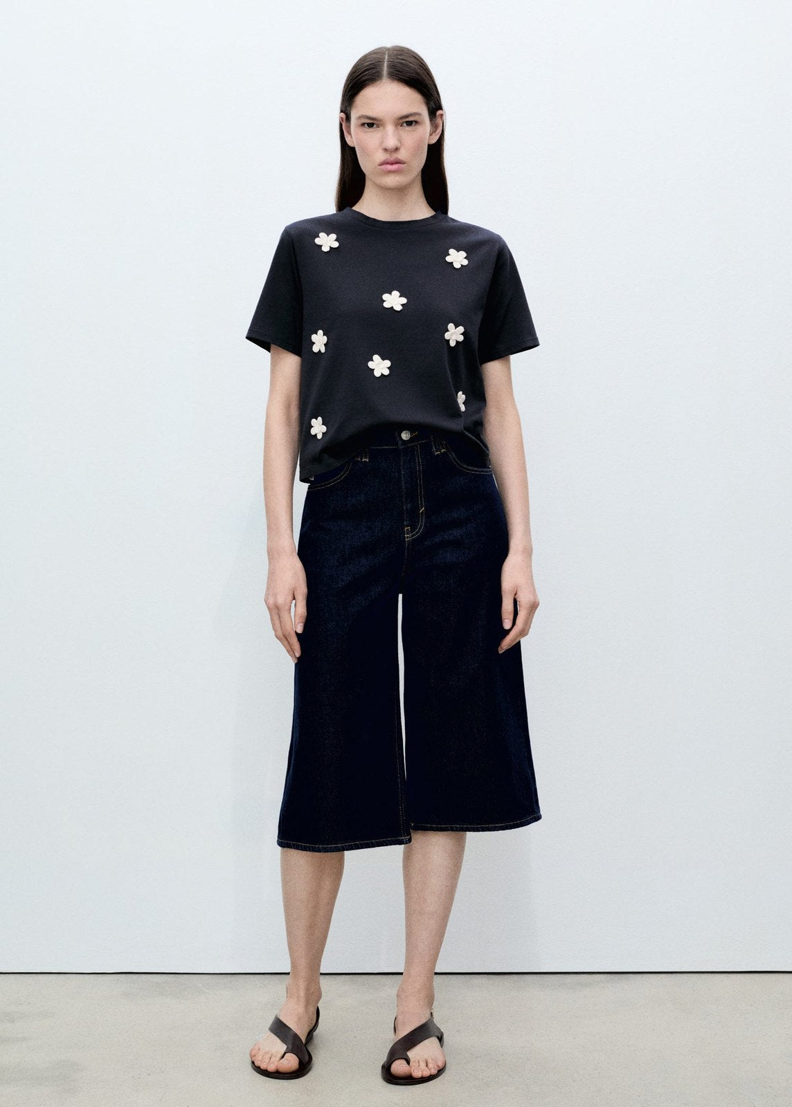 Mango Short sleeve t-shirt with flower appliqué - Navy 2 Shaws Department Stores