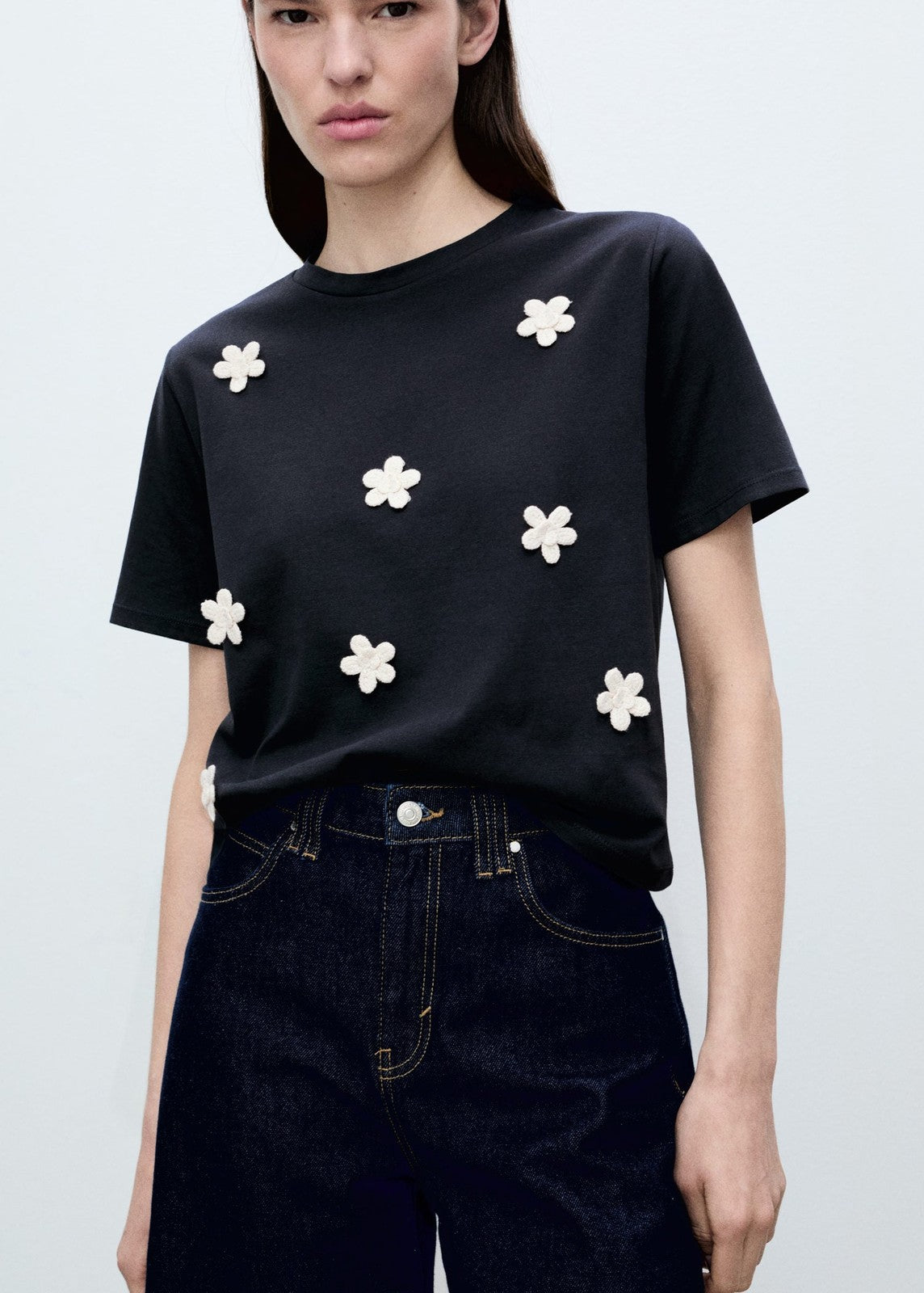 Mango Short sleeve t-shirt with flower appliqué - Navy 1 Shaws Department Stores