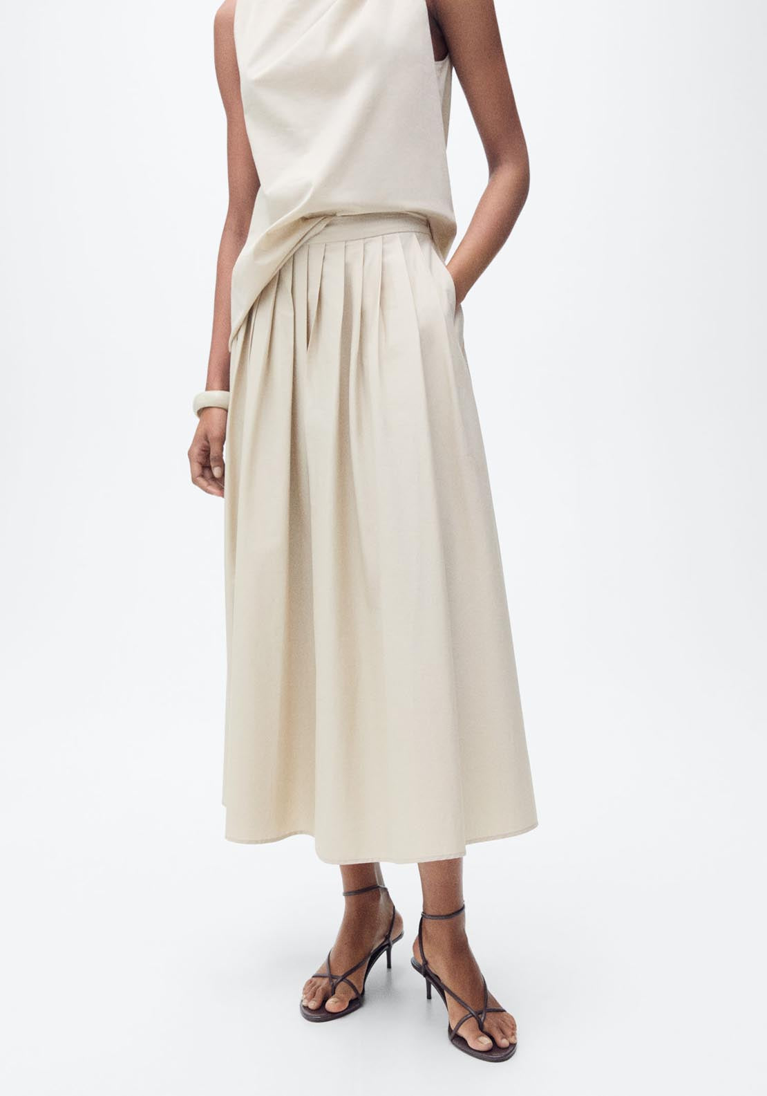 Mango Flared Skirt With Pleated Detail - Light Beige 1 Shaws Department Stores