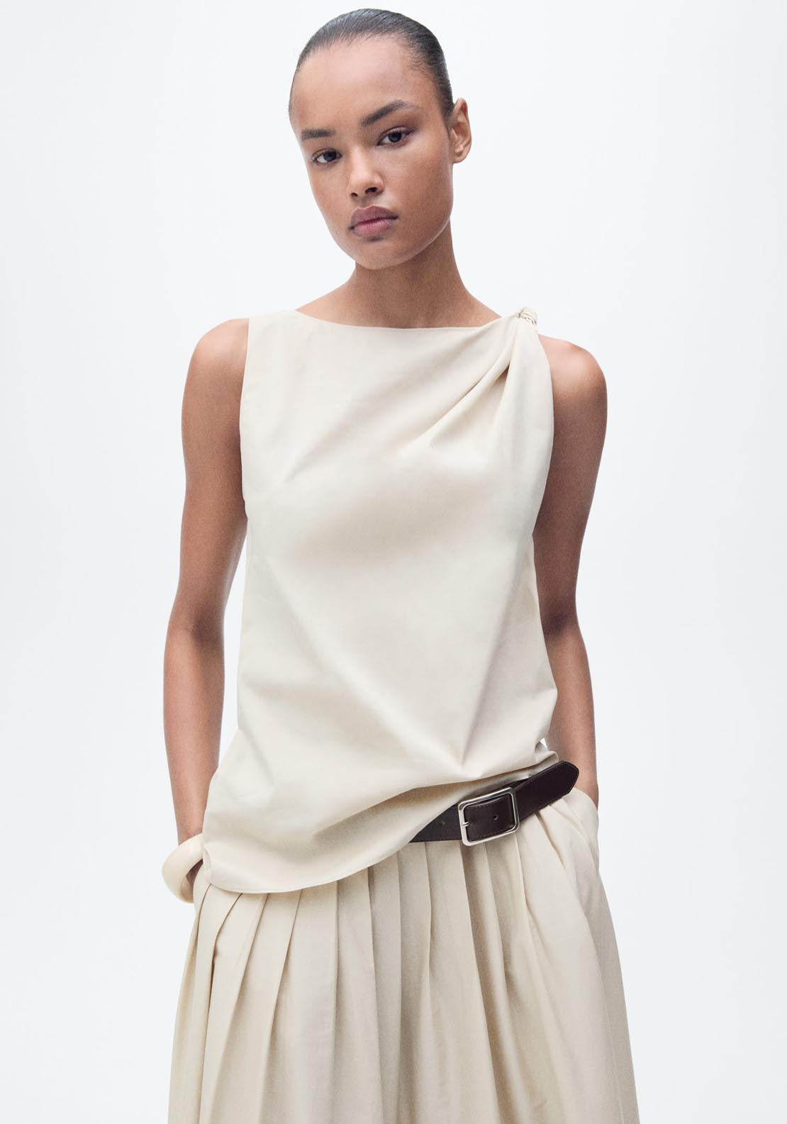 Mango Flared Skirt With Pleated Detail - Light Beige 3 Shaws Department Stores