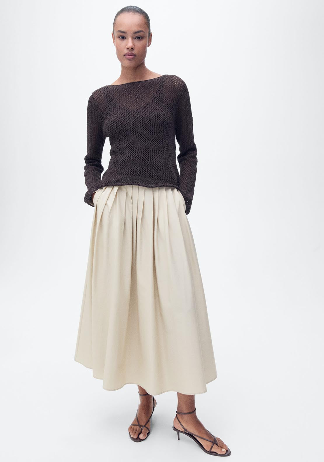 Mango Flared Skirt With Pleated Detail - Light Beige 5 Shaws Department Stores