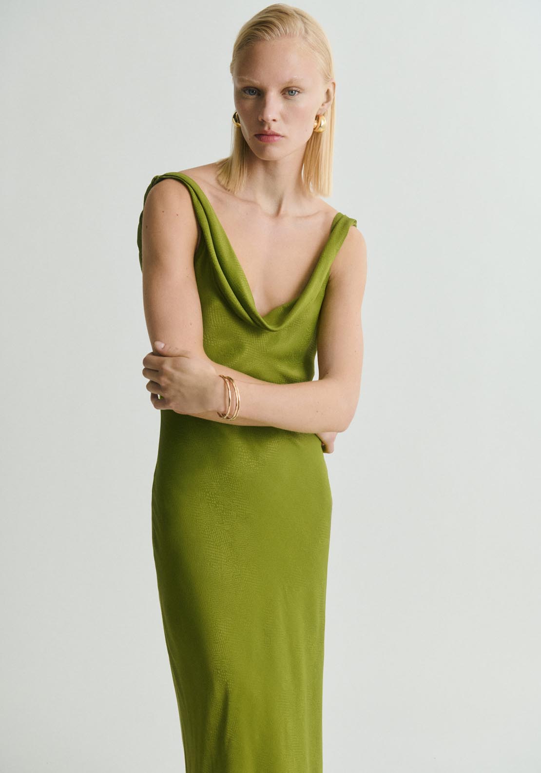 Mango Textured Dress With Draped Neckline - Green 4 Shaws Department Stores