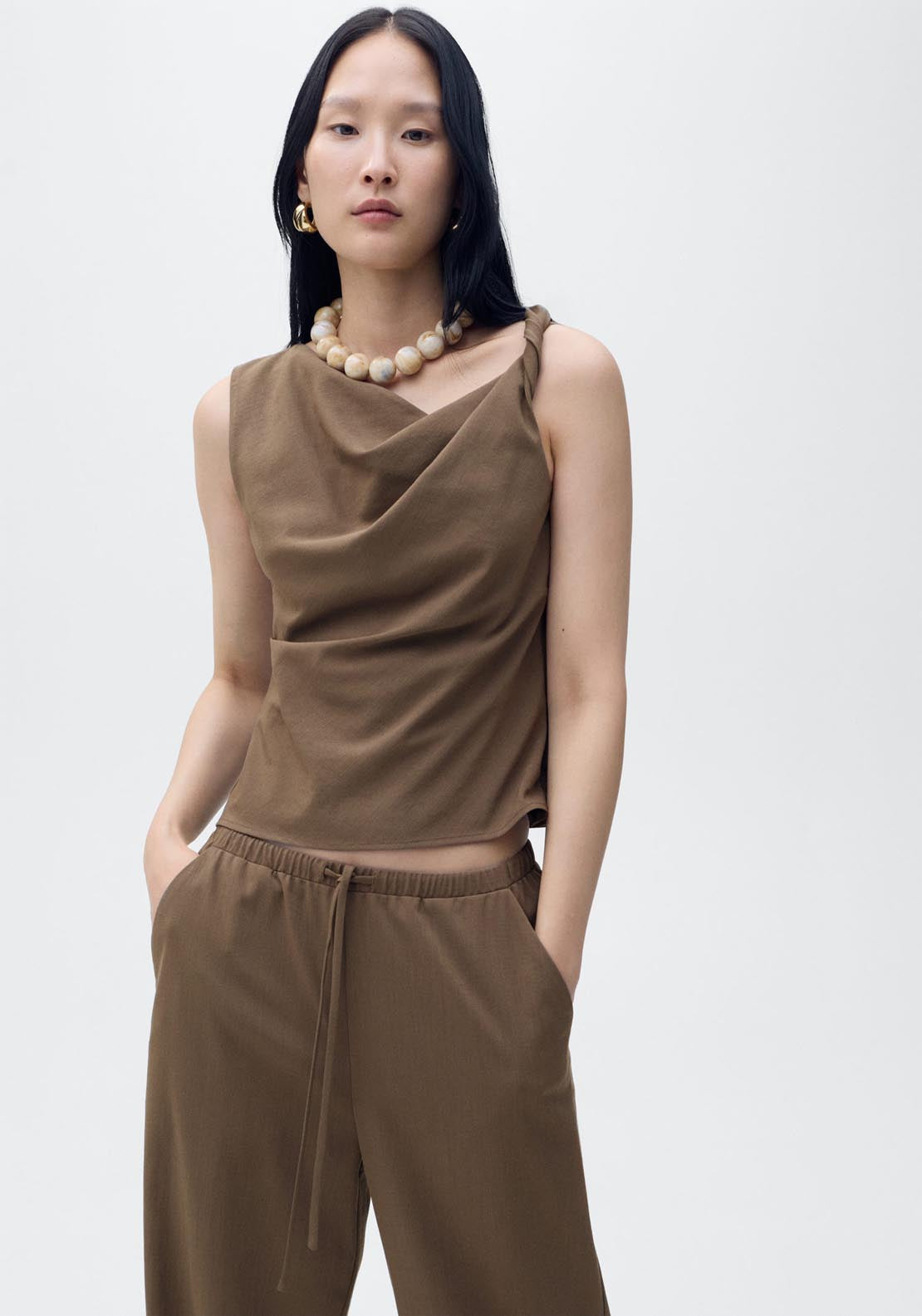 Mango Bow Straight Trousers - Brown 3 Shaws Department Stores