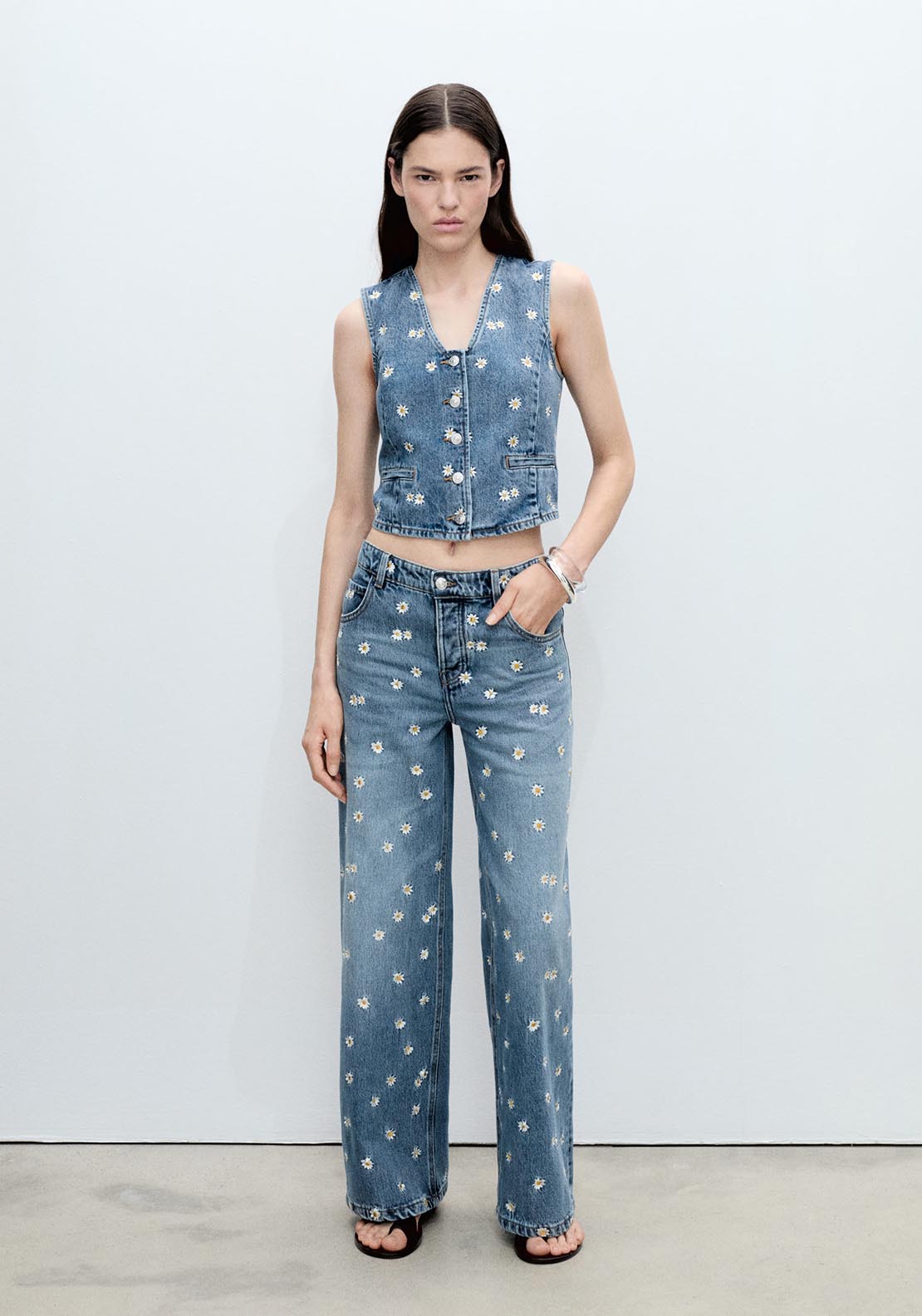 Mango Flower embroidered crop vest - Open Blue 1 Shaws Department Stores