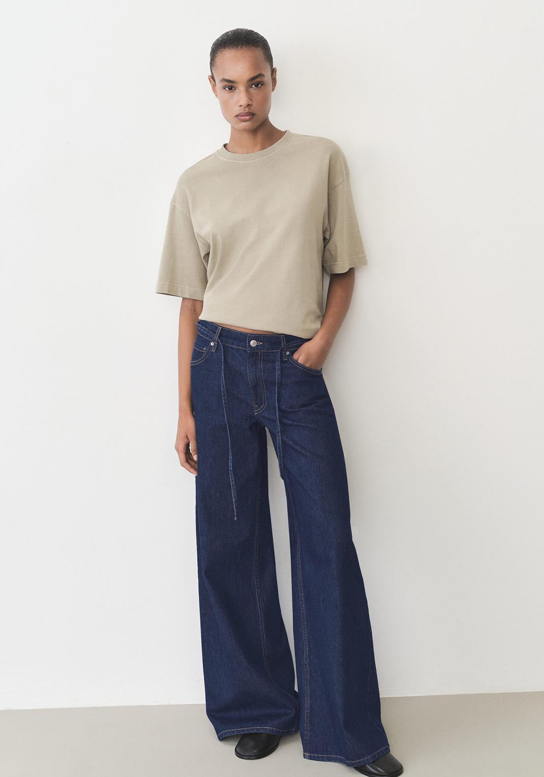 Mango Low rise wideleg jeans with belt - Open Blue 2 Shaws Department Stores