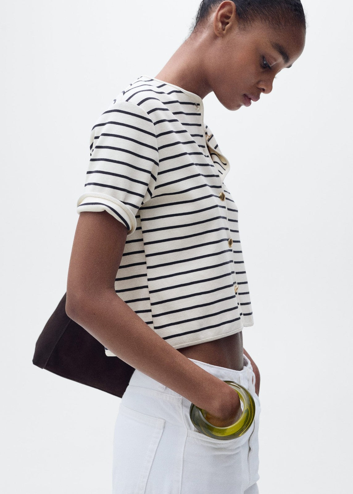 Mango Short sleeve striped cardigan - Navy 1 Shaws Department Stores