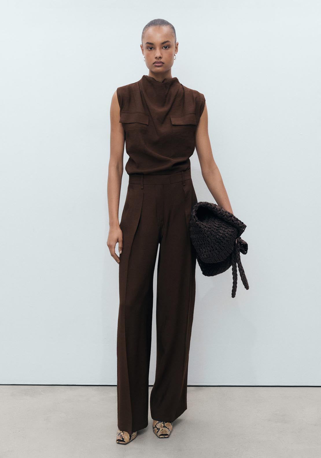 Mango Wide Leg Pleated Trousers - Dark Brown 6 Shaws Department Stores