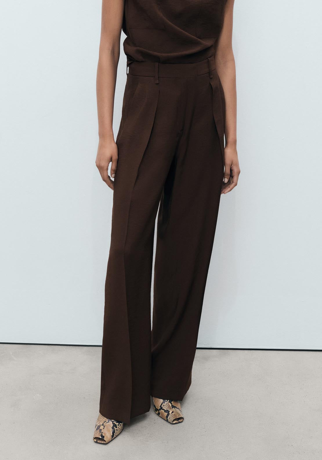 Mango Wide Leg Pleated Trousers - Dark Brown 1 Shaws Department Stores