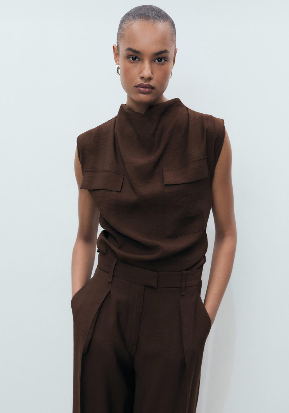Mango Wide Leg Pleated Trousers - Dark Brown 4 Shaws Department Stores