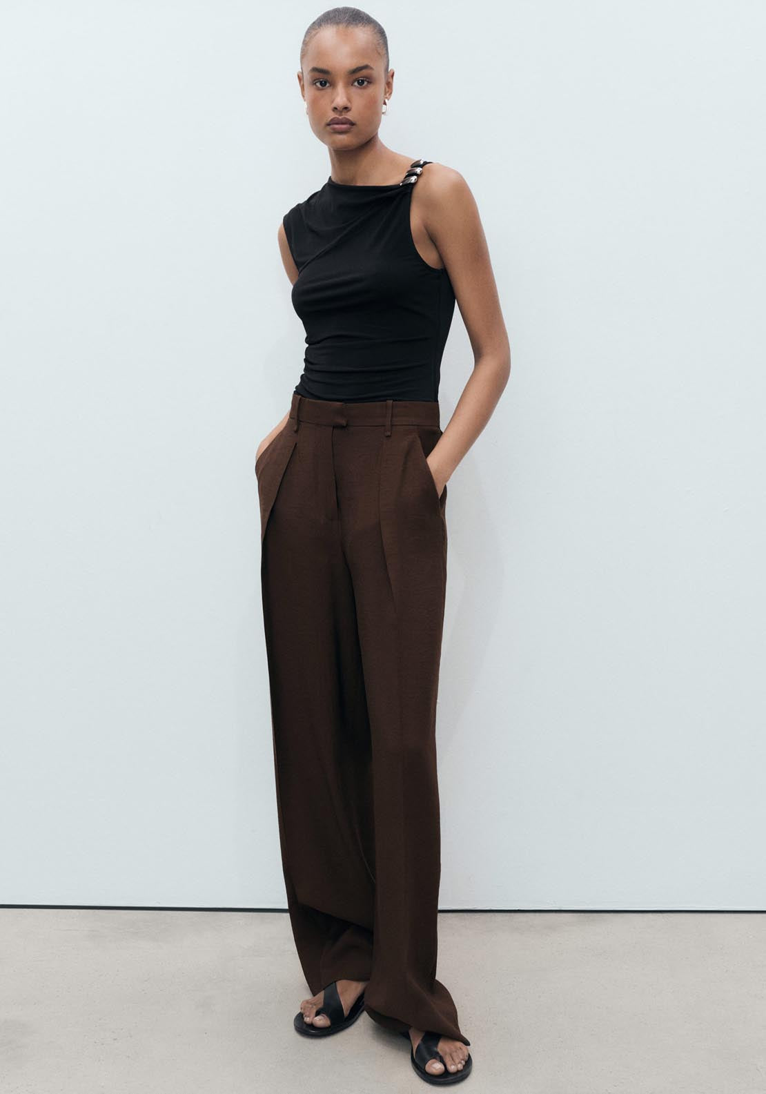 Mango Wide Leg Pleated Trousers - Dark Brown 5 Shaws Department Stores