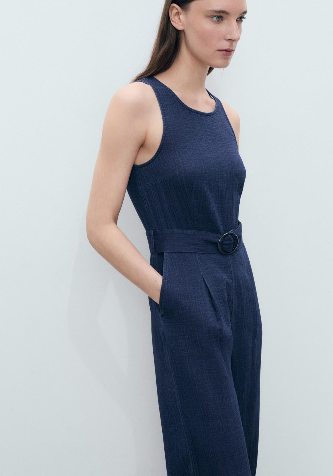Mango Fluid Denim Jumpsuit With Belt - Dark Blue 1 Shaws Department Stores