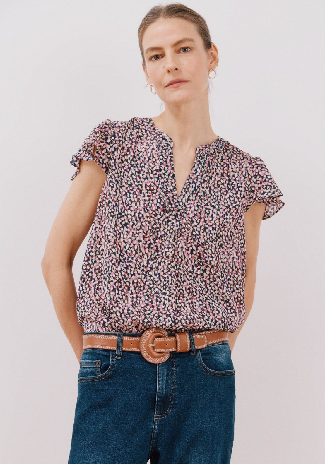 Cortefiel Ruffle Sleeve Blouse - Grey Print 1 Shaws Department Stores