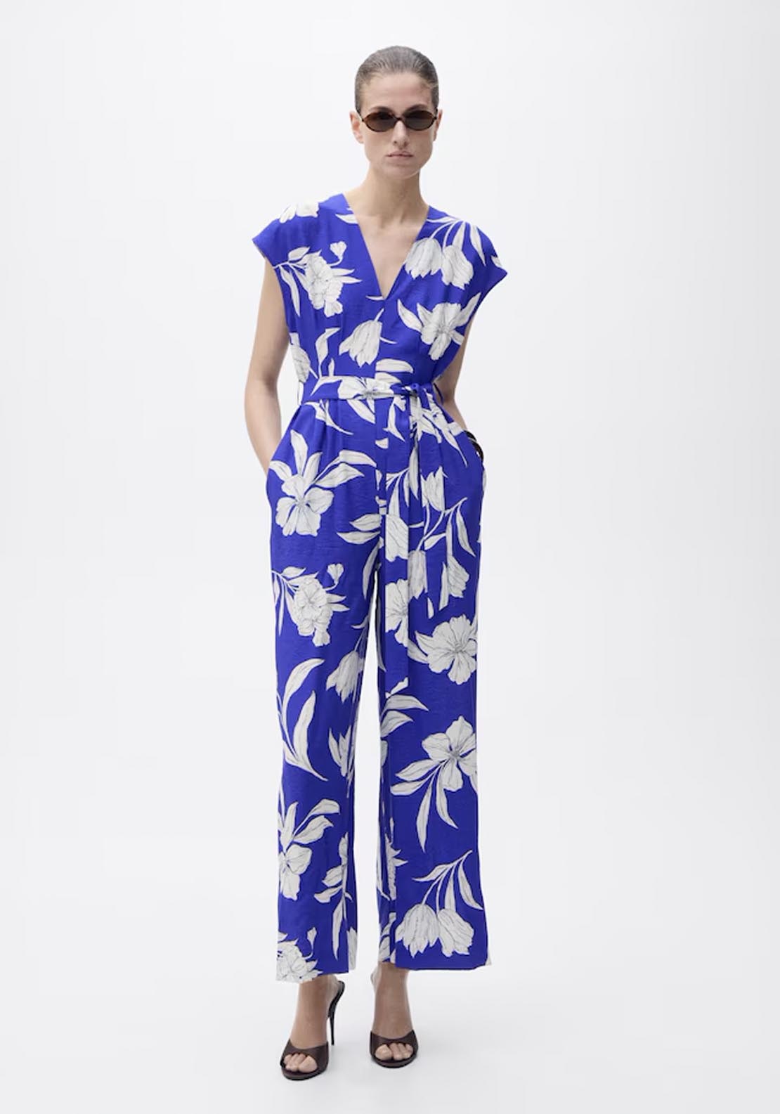 Mango Long Cropped Jumpsuit With Belt - Medium Blue 1 Shaws Department Stores