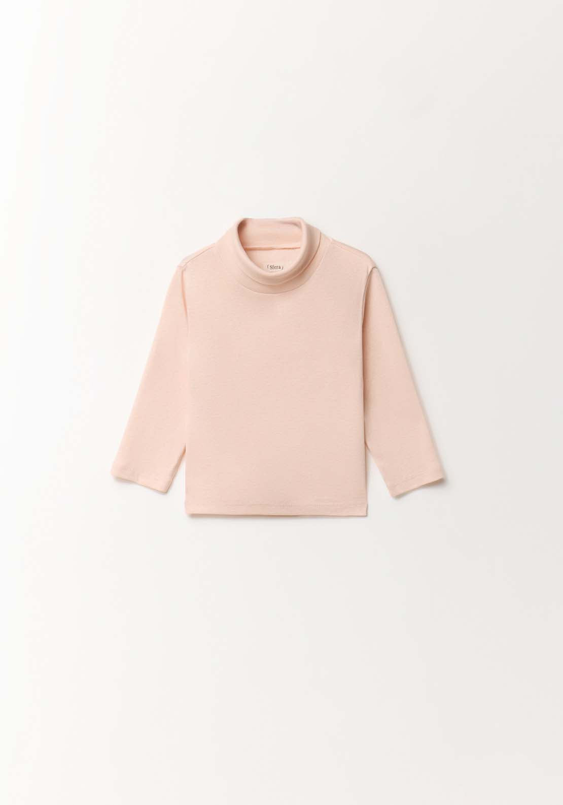 Plain High Neck Long-Sleeved T-Shirt - Pink