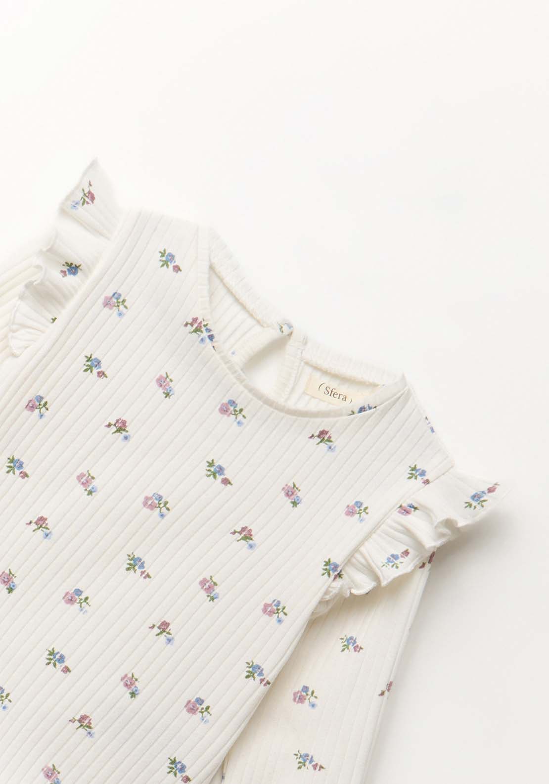 Flowers Contrast Trim Long Sleeved T-Shirt - White