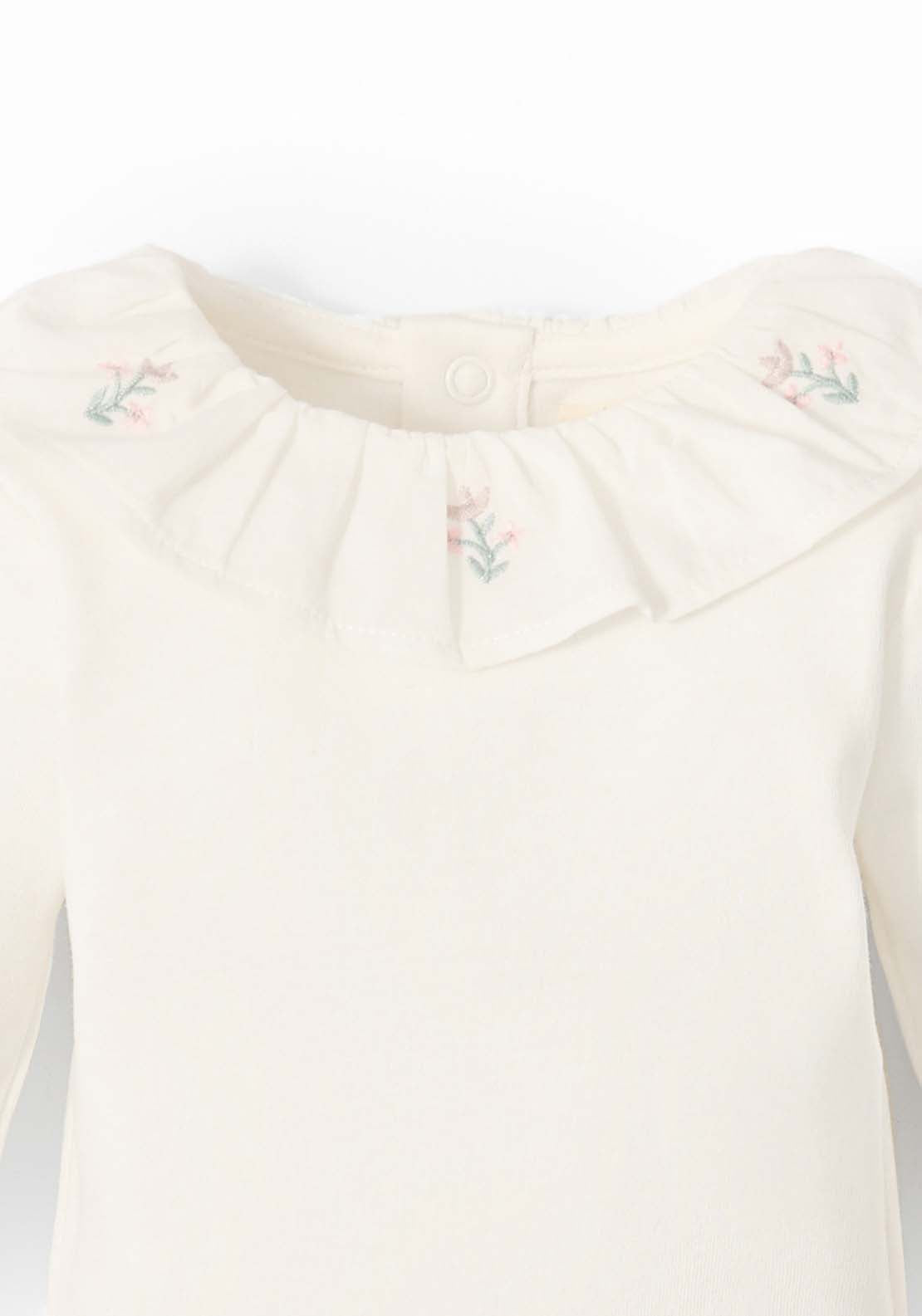 Long Sleeve Embroidered Neck Bodysuit - White