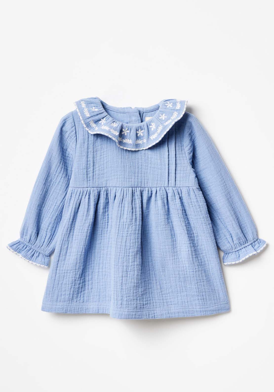 Baby Girl Long Sleeve Ruffle Neck Smock Dress Blue – Shaws