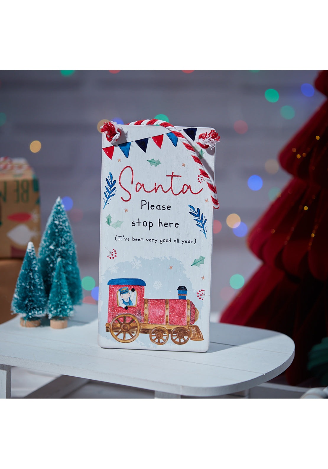 The Home Christmas Christmas Santa Stop Here Red Train Door Hanger 1 Shaws Department Stores