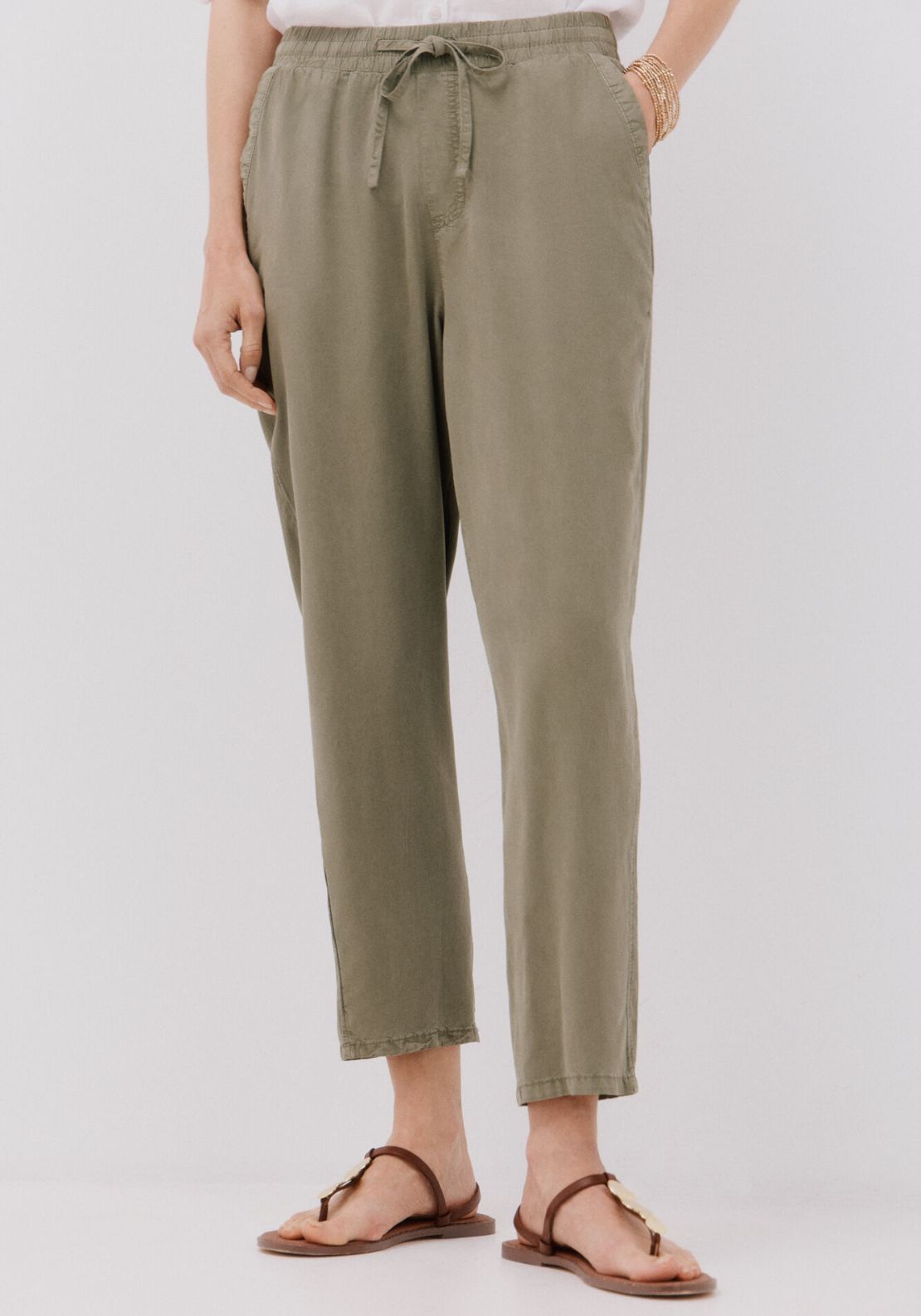 Cortefiel Tencel Fluid Trousers - Dark Khaki 1 Shaws Department Stores