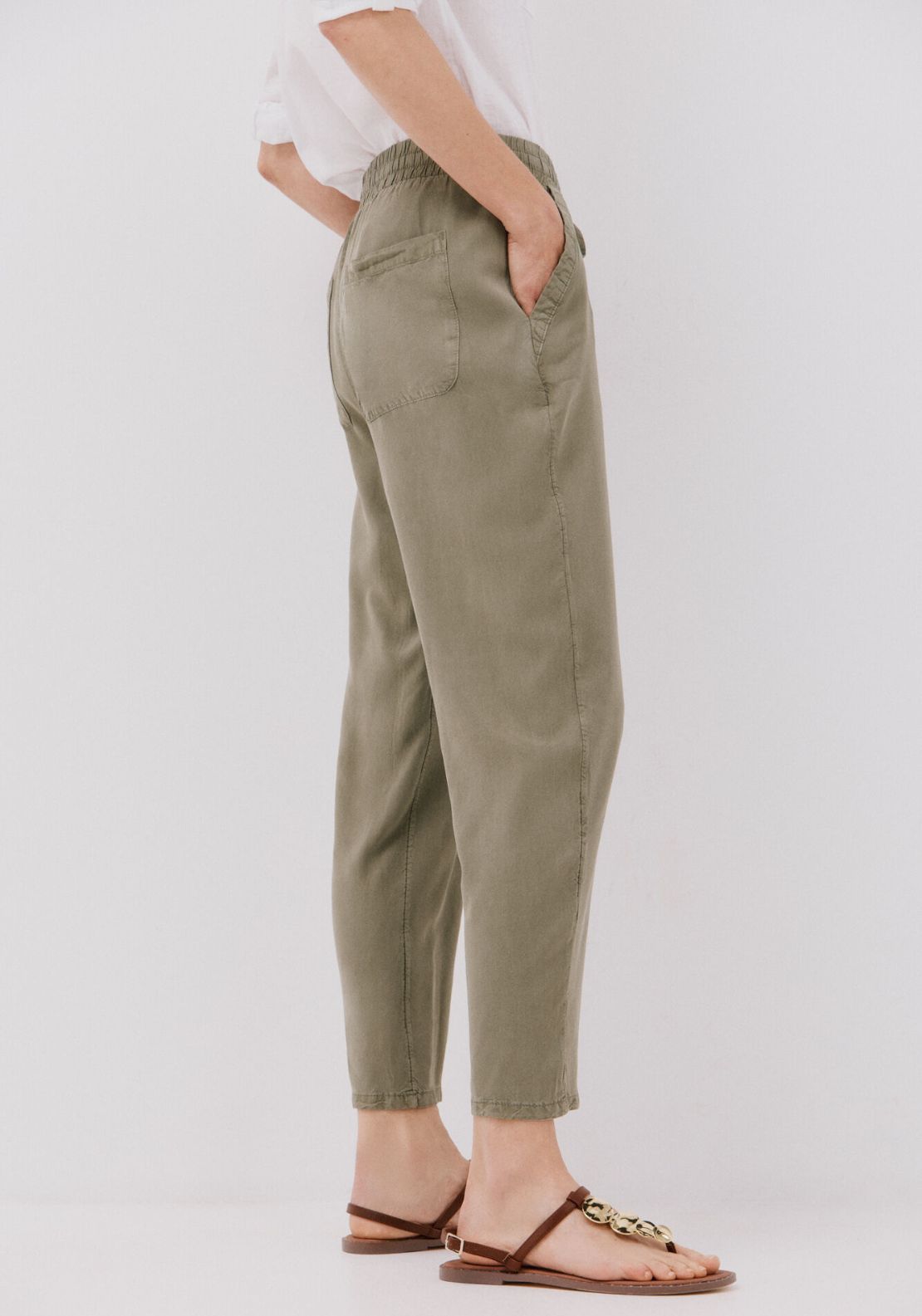 Cortefiel Tencel Fluid Trousers - Dark Khaki 3 Shaws Department Stores