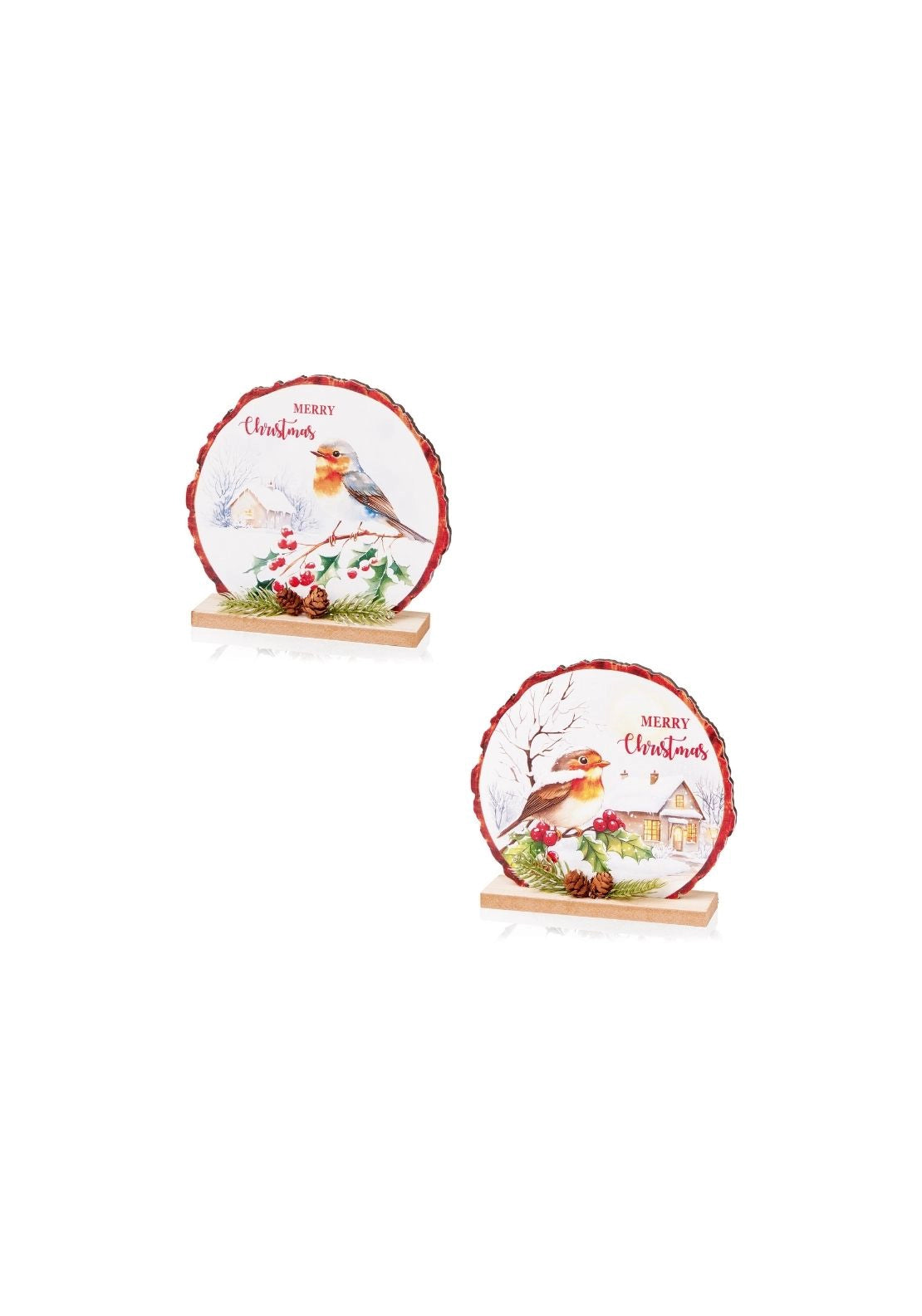 Wooden Robin Christmas Scene